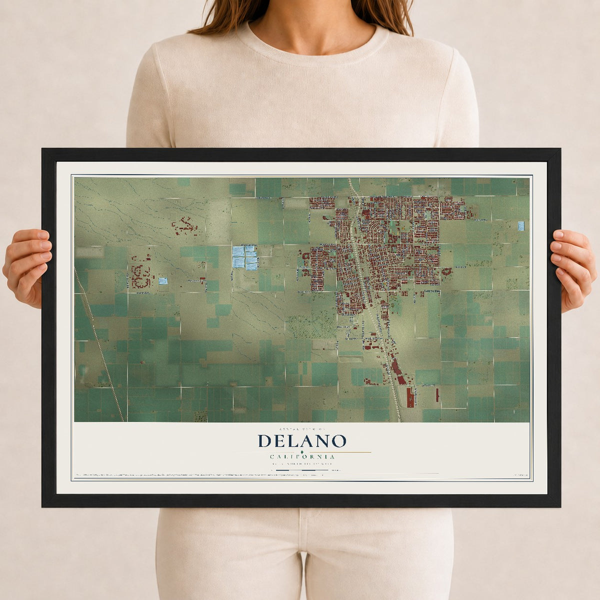 Map of Delano, California, 12 x 18 inch print in a black wood frame