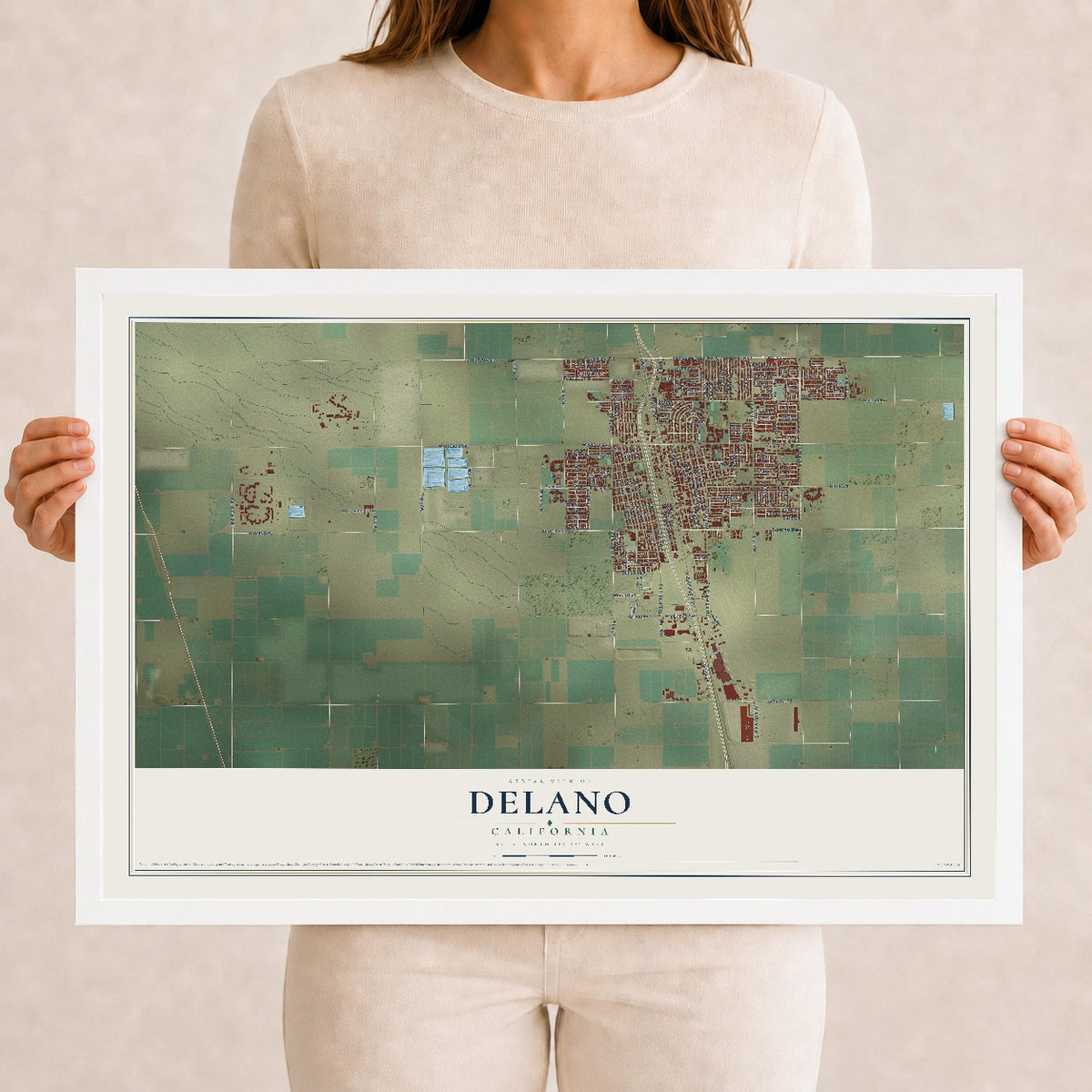 Map of Delano, California, 12 x 18 inch print in a white wood frame
