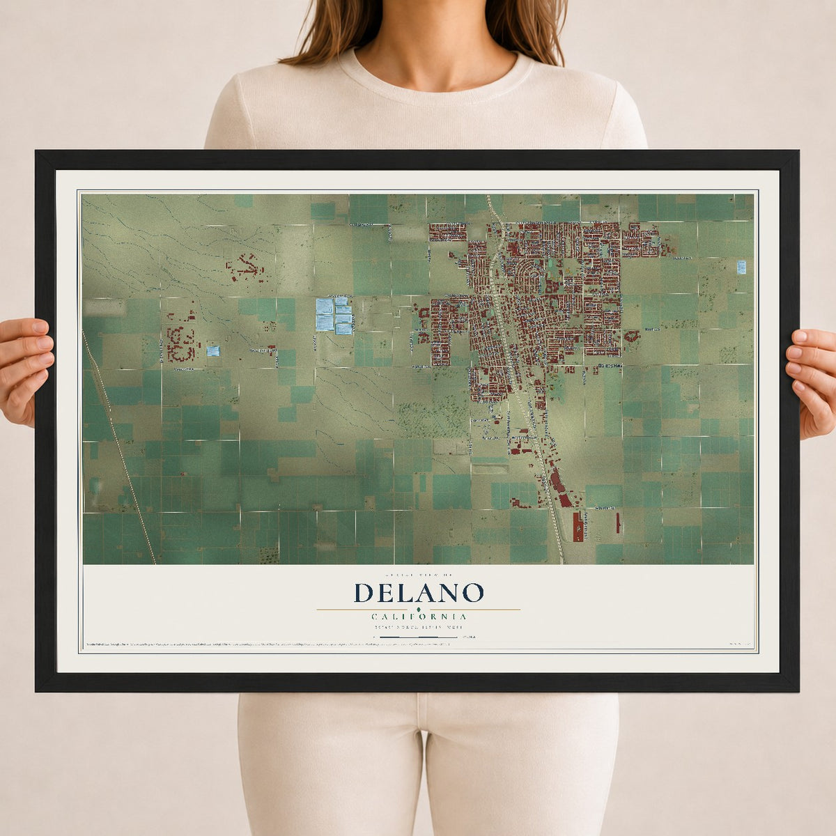 Map of Delano, California, 18 x 24 inch print in a black wood frame