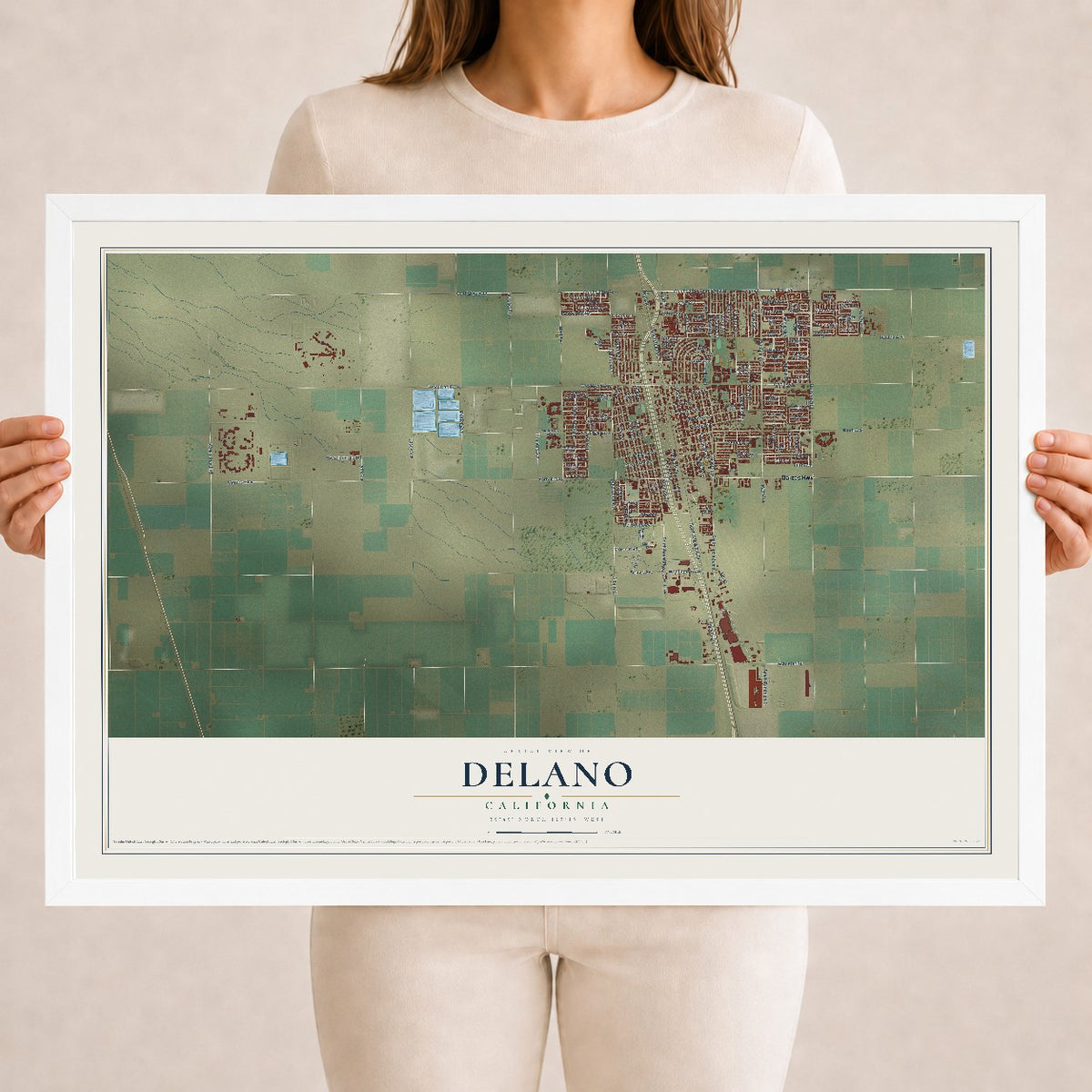 Map of Delano, California, 18 x 24 inch print in a white wood frame