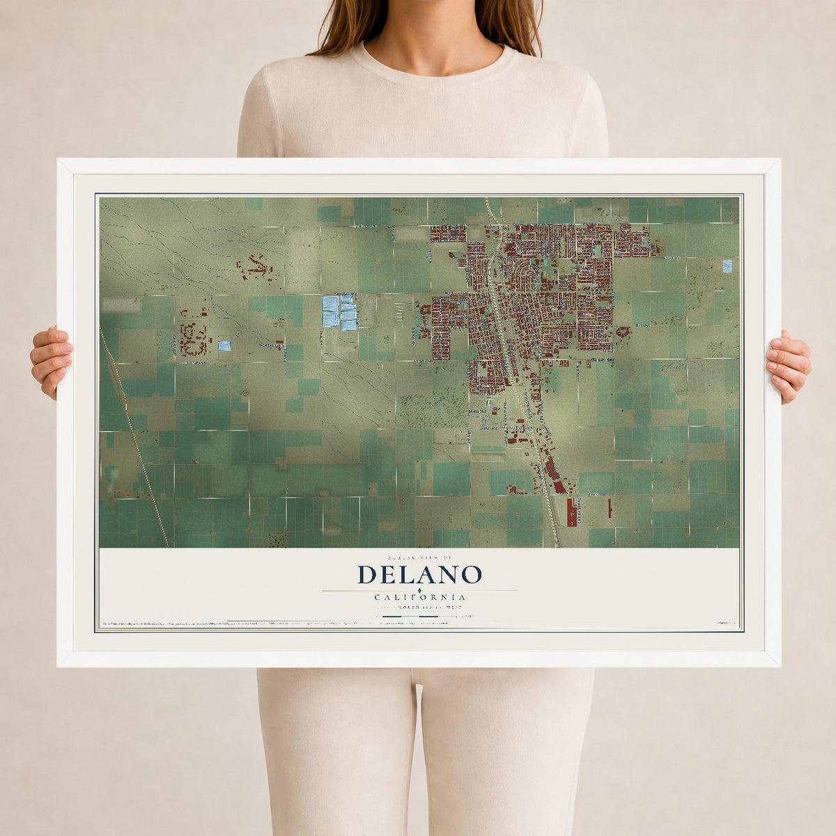 Map of Delano, California, 24 x 36 inch print in a white wood frame