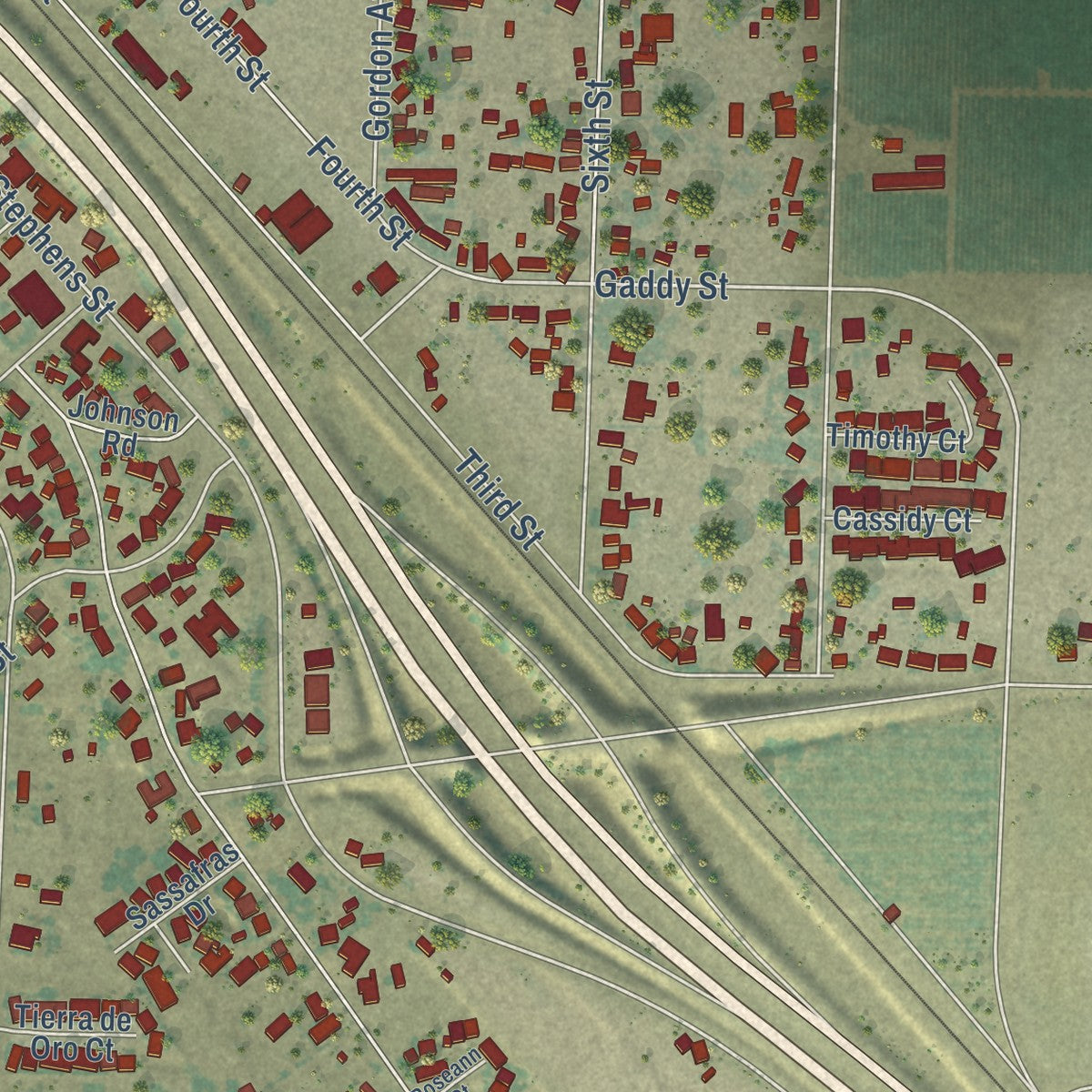 Second close-up of the map of Delhi, California print showing more streets and buildings