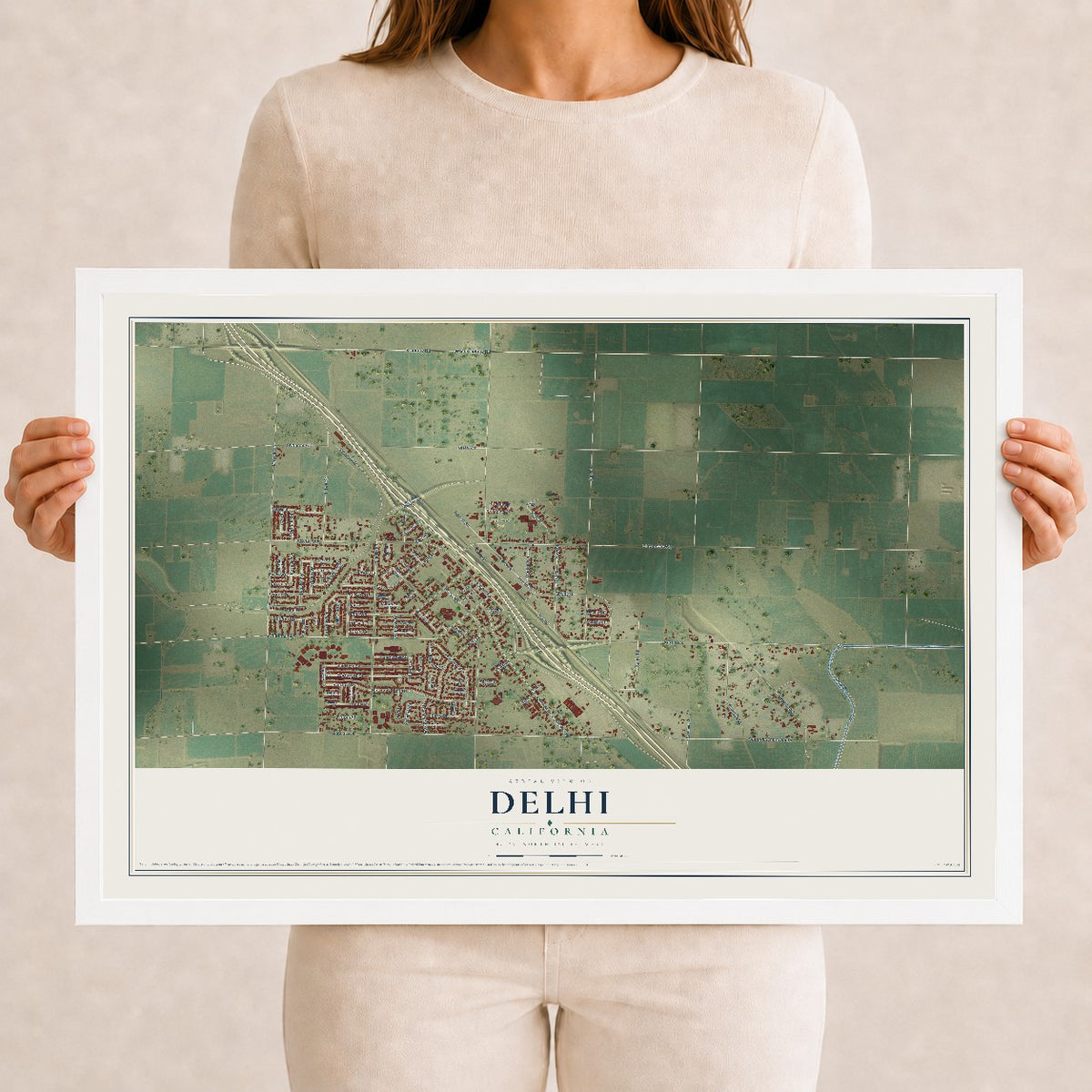 Map of Delhi, California, 12 x 18 inch print in a white wood frame