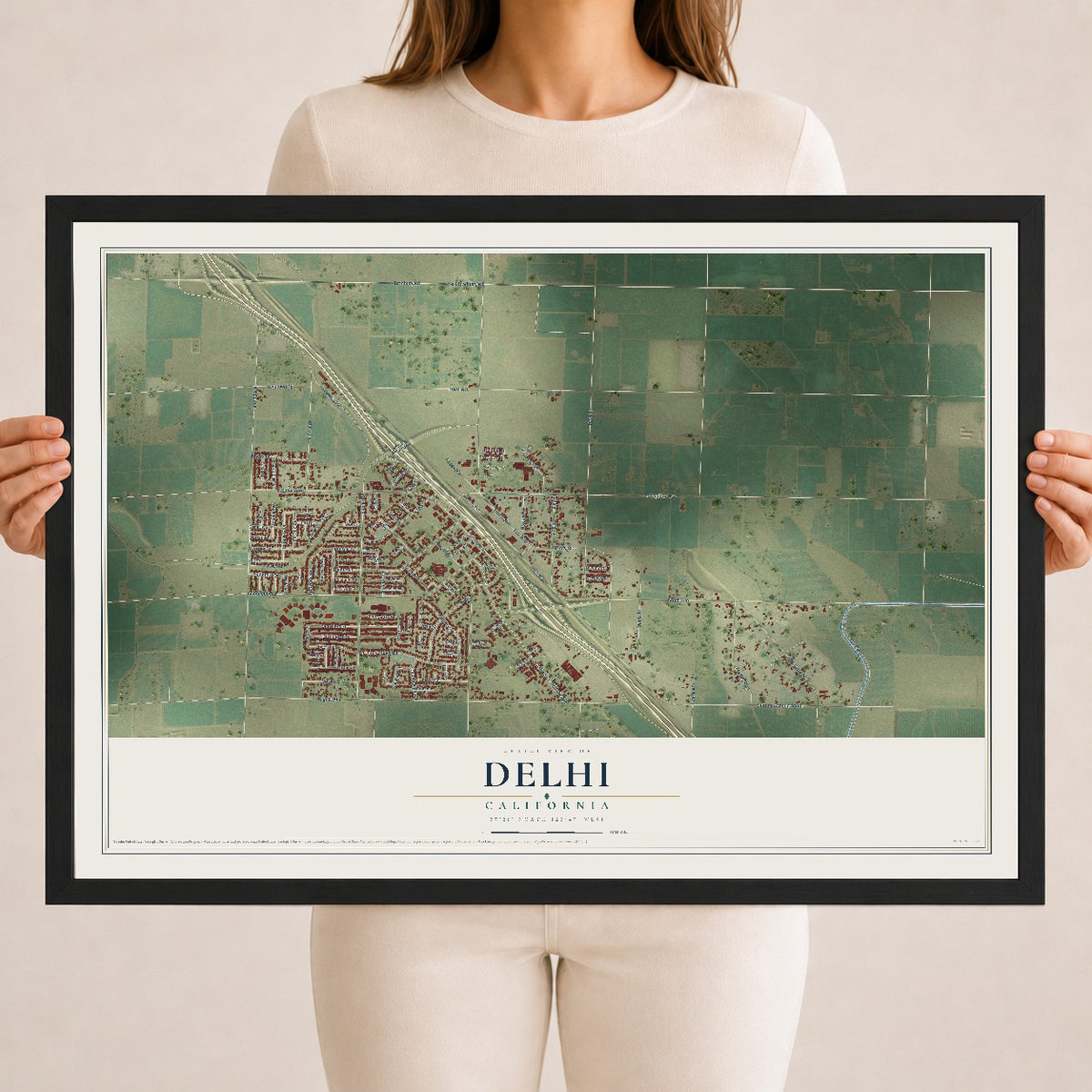 Map of Delhi, California, 18 x 24 inch print in a black wood frame