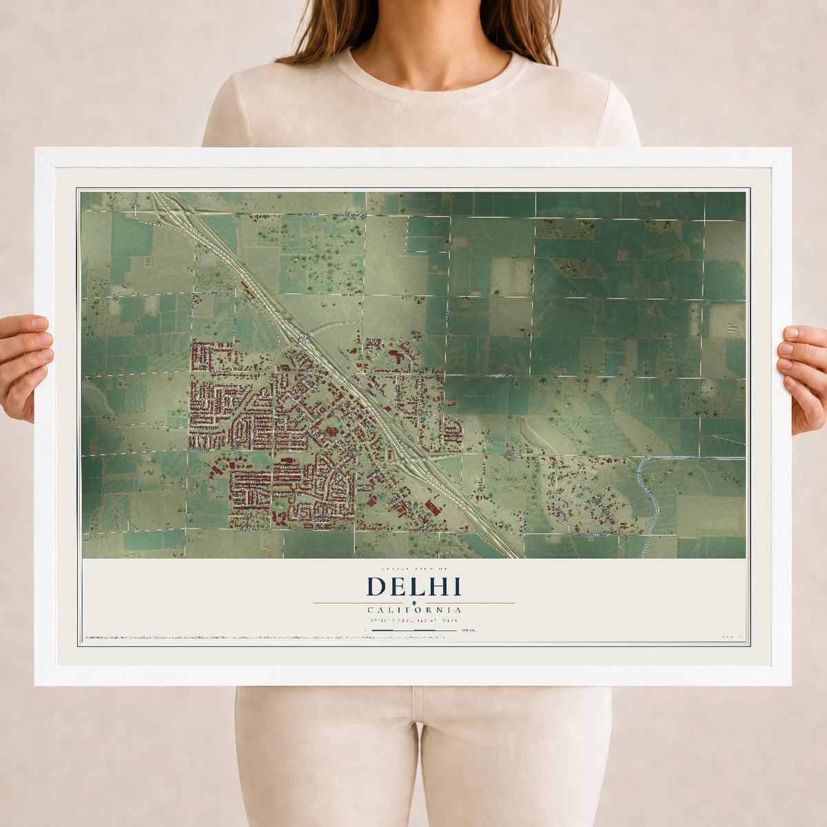 Map of Delhi, California, 18 x 24 inch print in a white wood frame