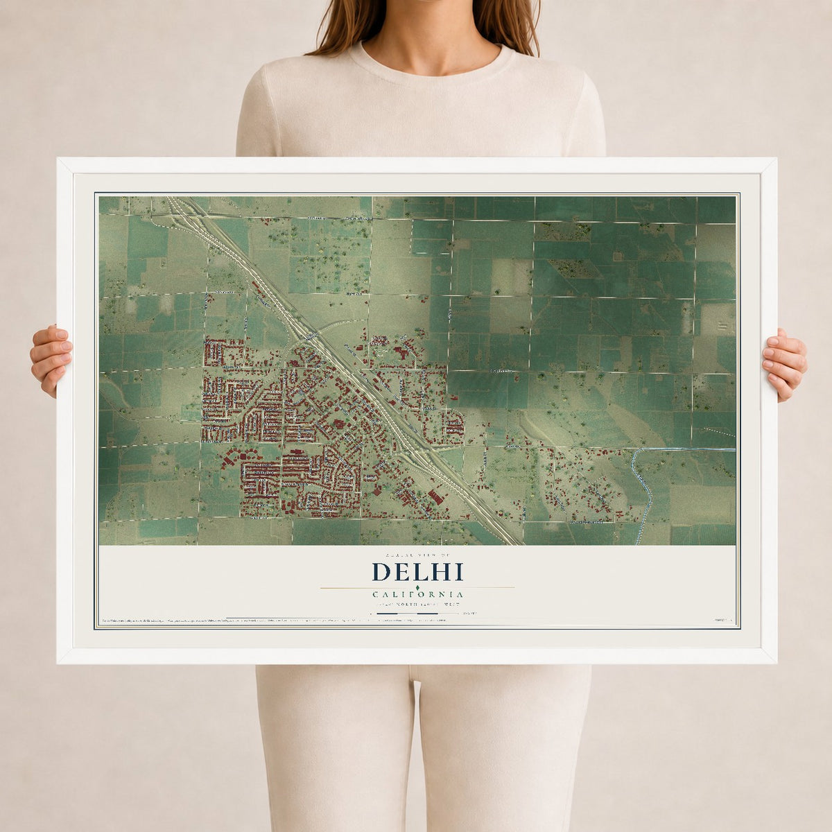 Map of Delhi, California, 24 x 36 inch print in a white wood frame