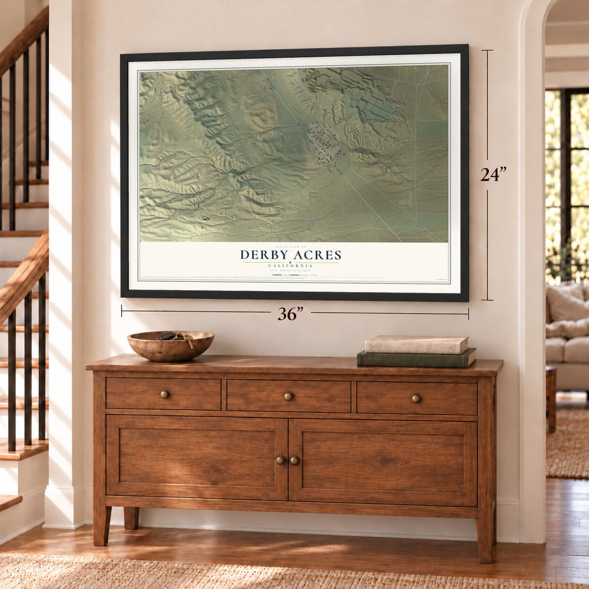 Derby Acres, California map, 24 x 36 inch print in a black frame above a dresser by a staircase