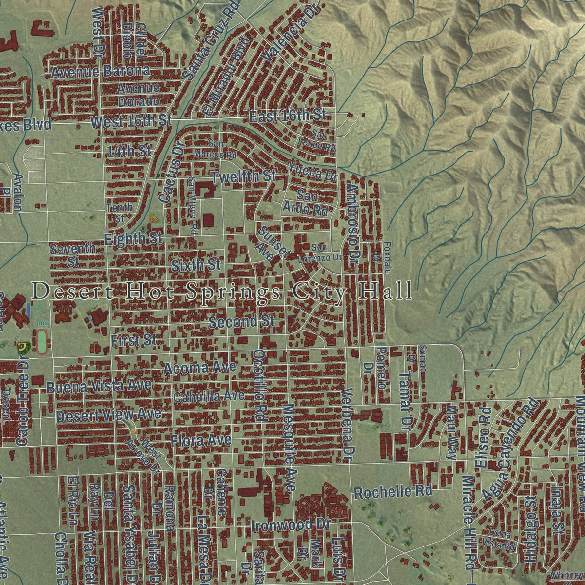 Close-up of the map of Desert Hot Springs, California print showing street and building detail