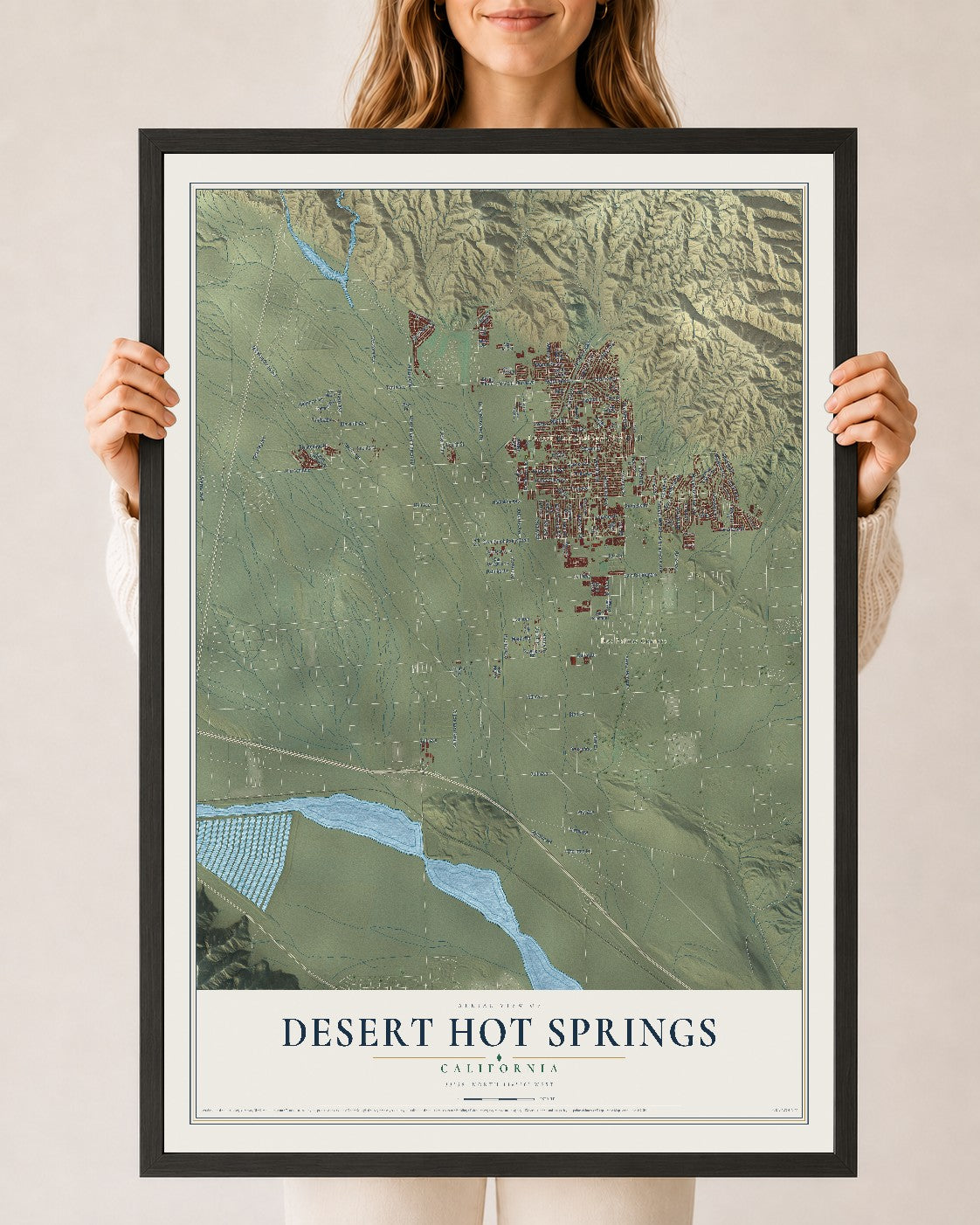 Map of Desert Hot Springs, California, 24 x 36 inch print in a black wood frame