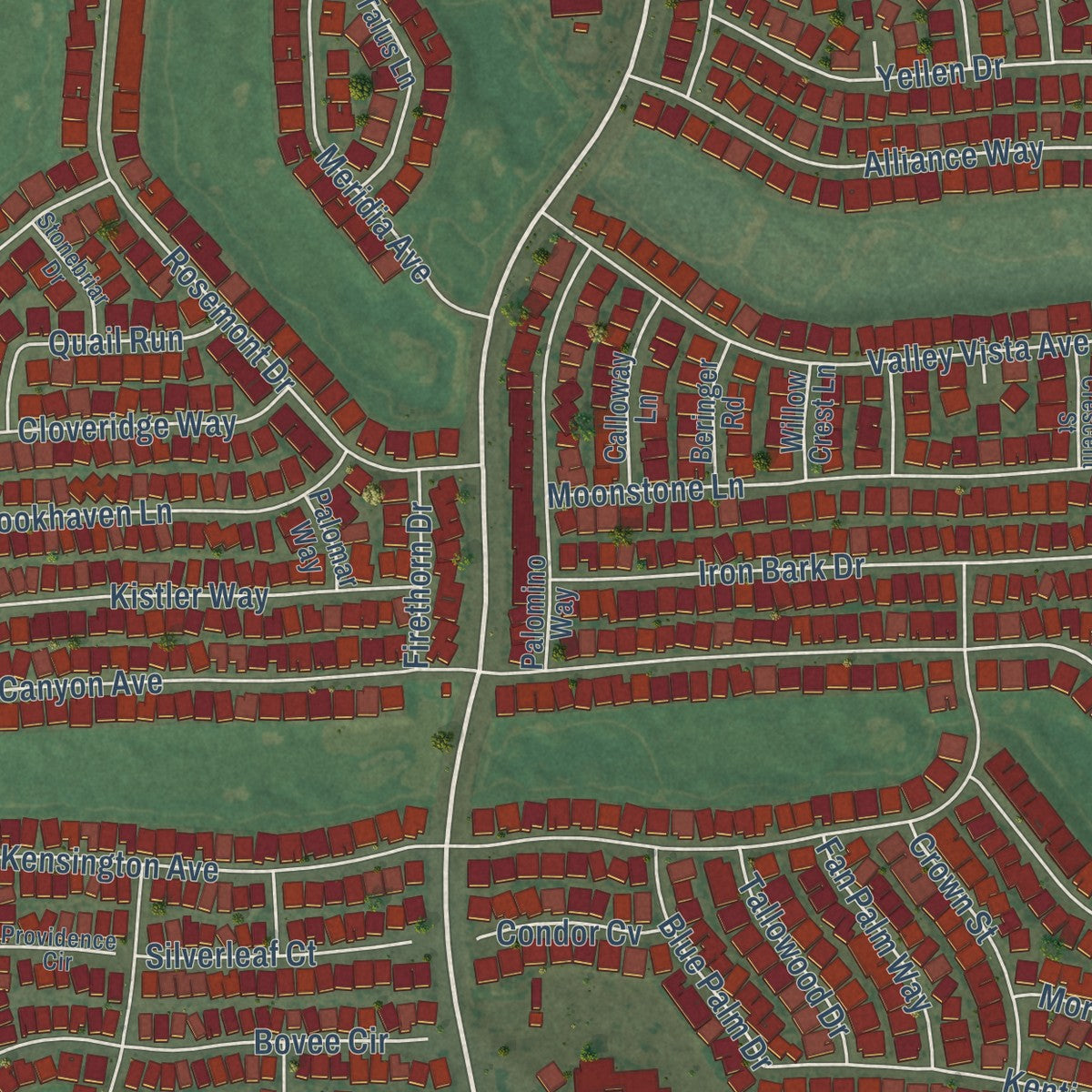 Close-up of the map of Desert Palms, California print showing street and building detail