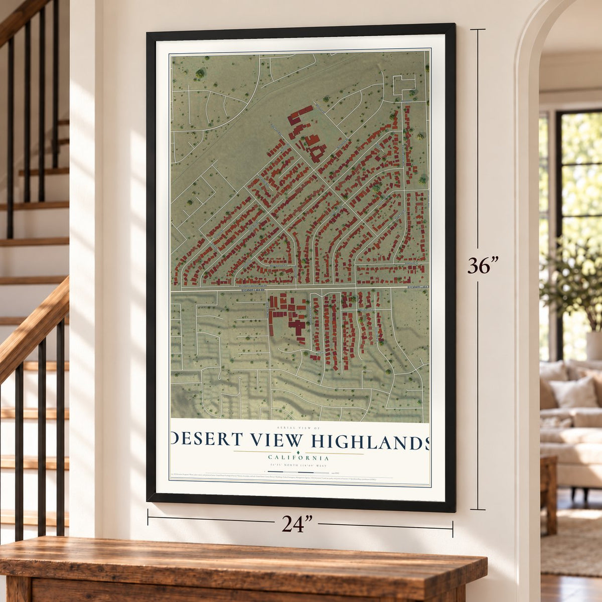 Desert View Highlands, California map, 24 x 36 inch print in a black frame by a staircase