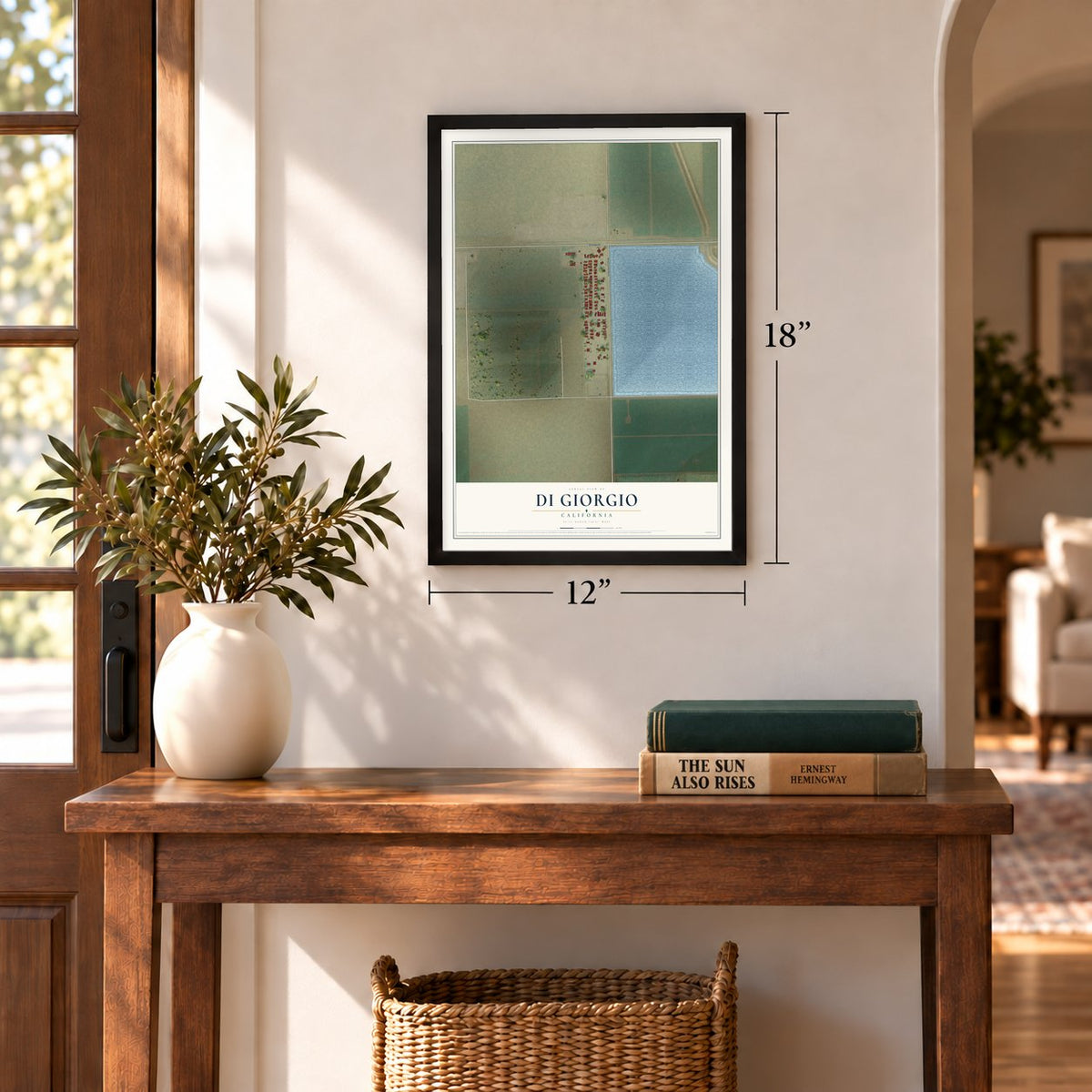 Di Giorgio, California map, 12 x 18 inch print in a black frame in an entryway