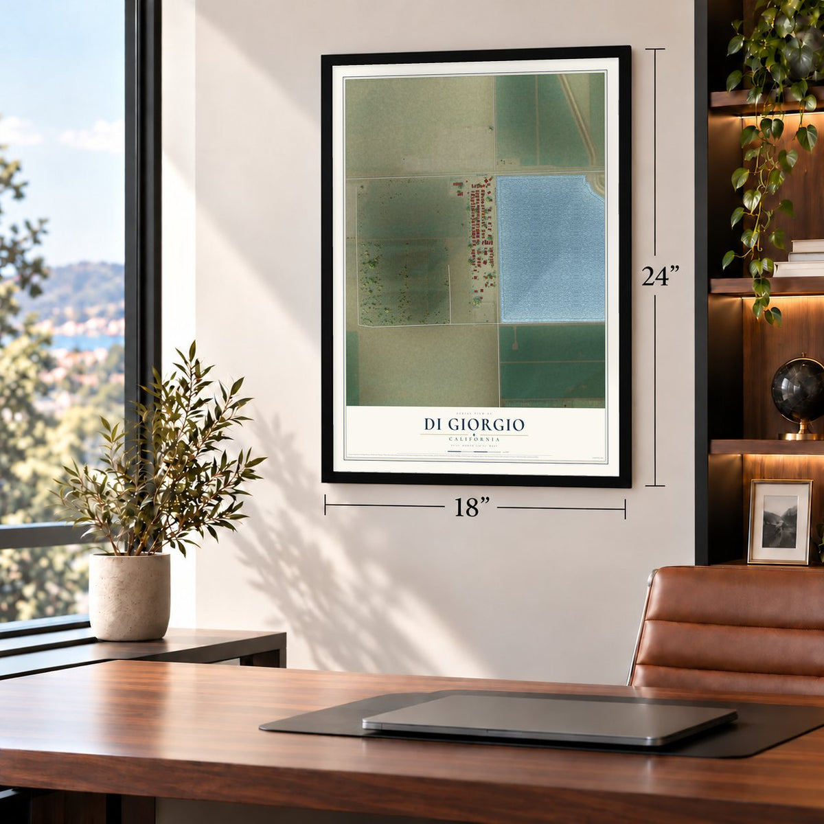Di Giorgio, California map, 18 x 24 inch print in a black frame in a home office