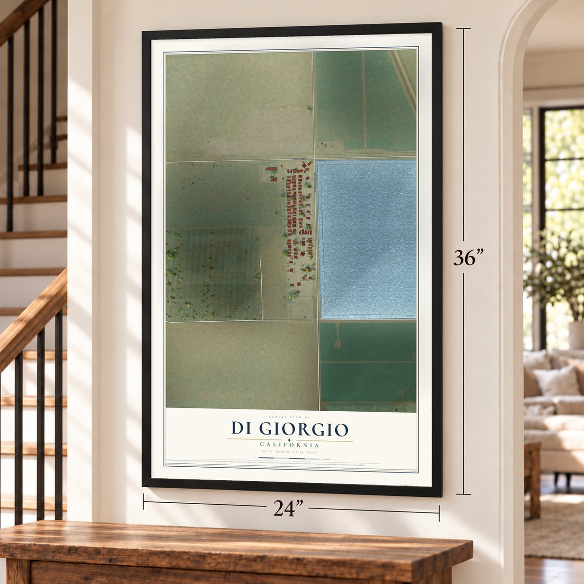 Di Giorgio, California map, 24 x 36 inch print in a black frame by a staircase