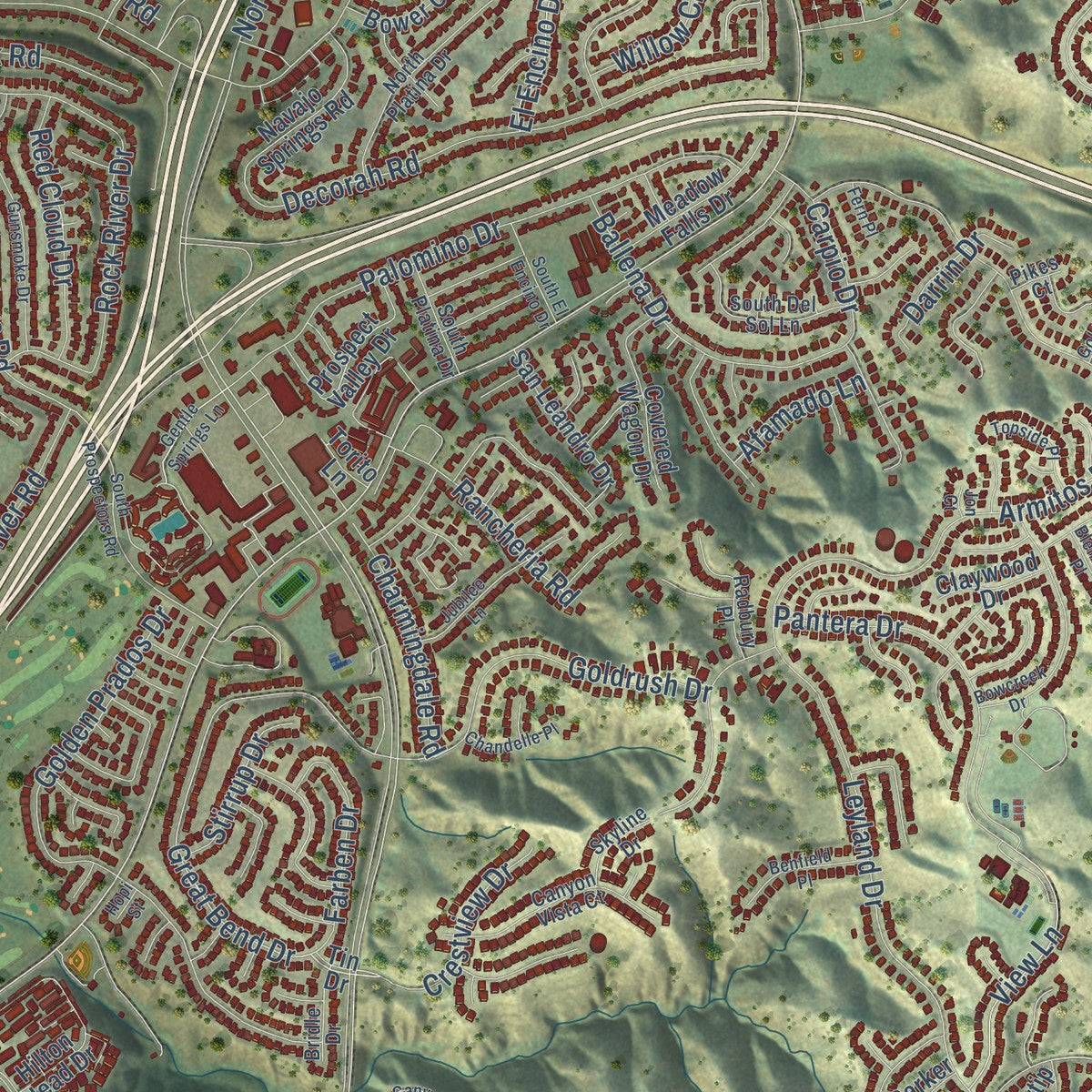 Close-up of the map of Diamond Bar, California print showing street and building detail