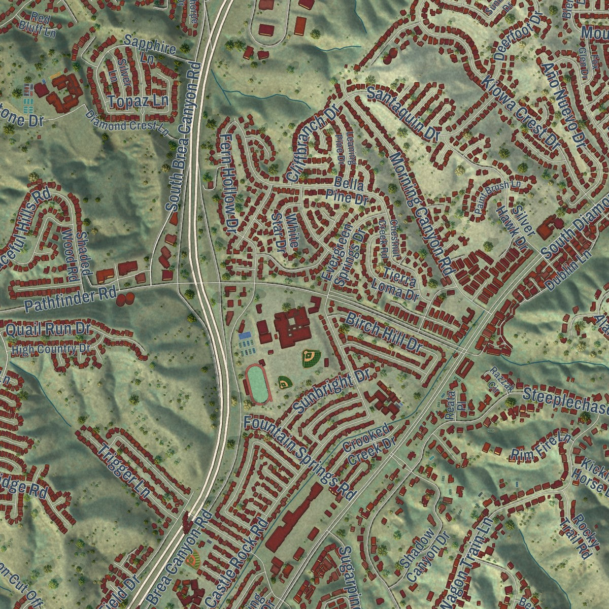 Second close-up of the map of Diamond Bar, California print showing more streets and buildings