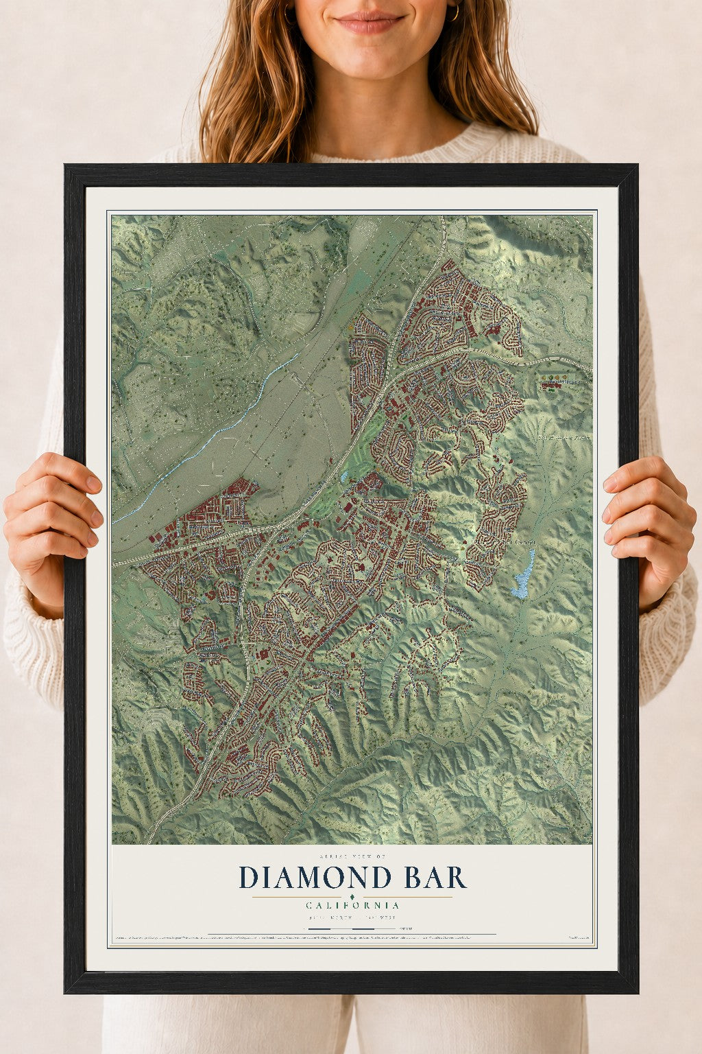 Map of Diamond Bar, California, 18 x 24 inch print in a black wood frame