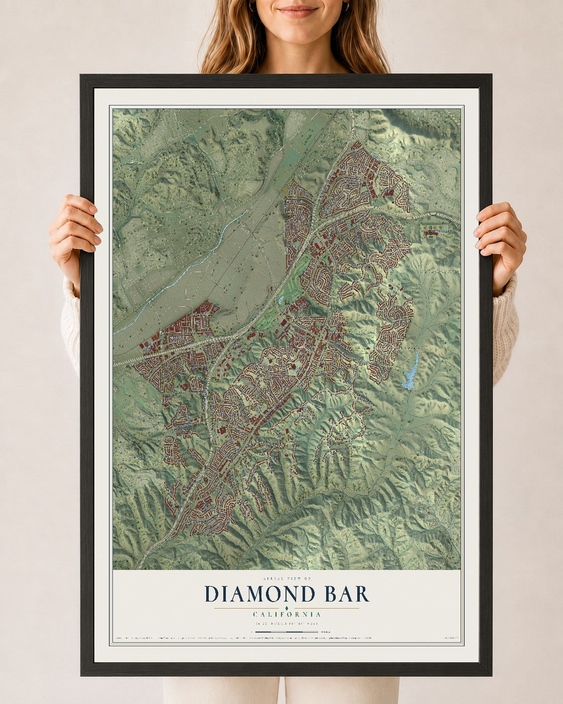 Map of Diamond Bar, California, 24 x 36 inch print in a black wood frame