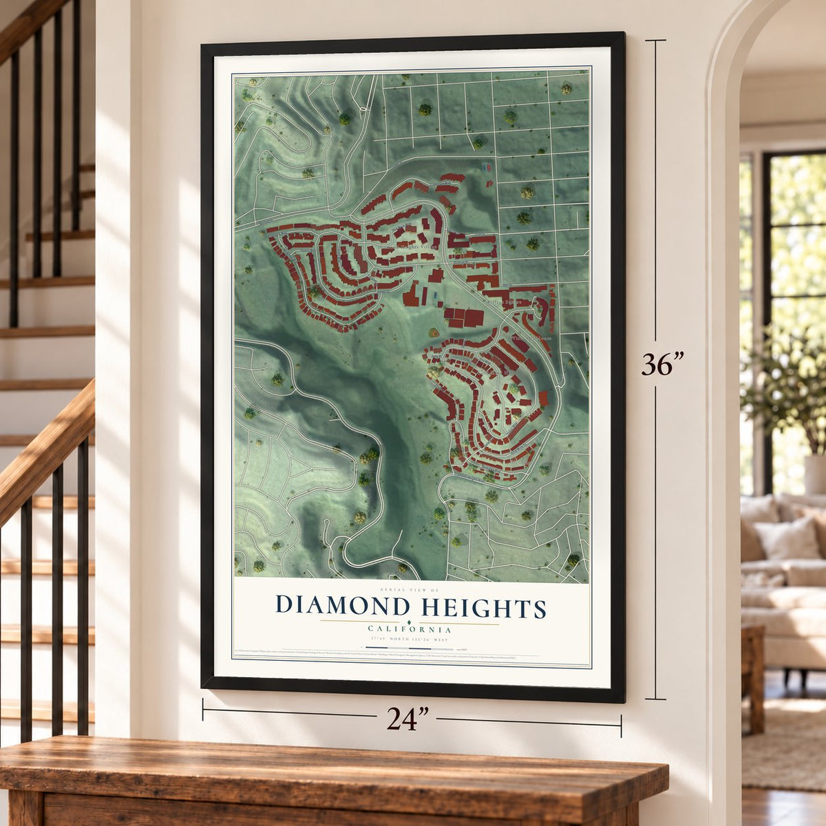 Diamond Heights, California map, 24 x 36 inch print in a black frame by a staircase