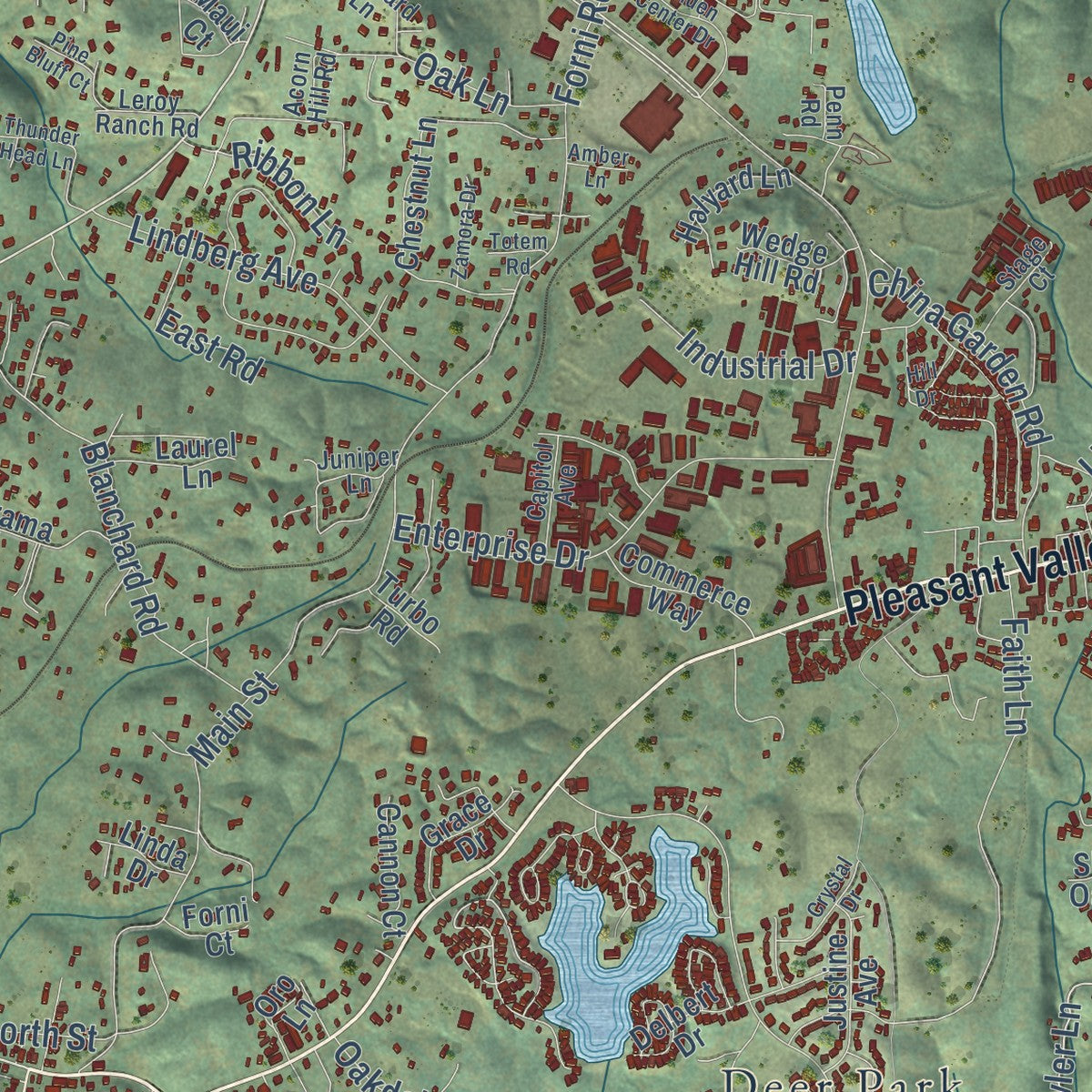 Close-up of the map of Diamond Springs, California print showing street and building detail