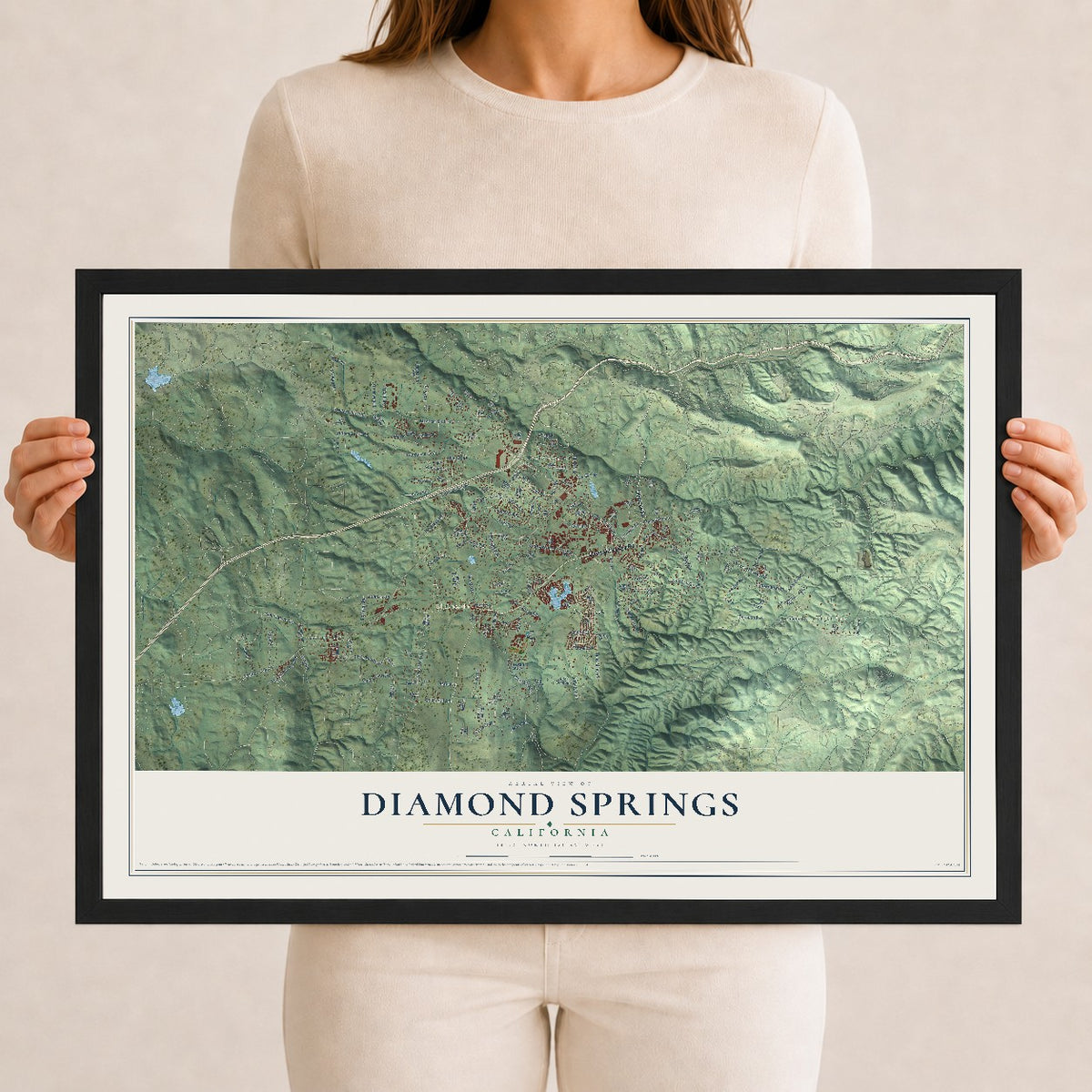 Map of Diamond Springs, California, 12 x 18 inch print in a black wood frame