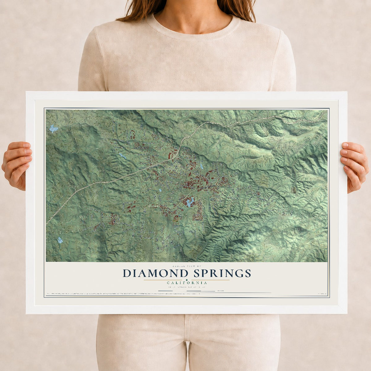 Map of Diamond Springs, California, 12 x 18 inch print in a white wood frame