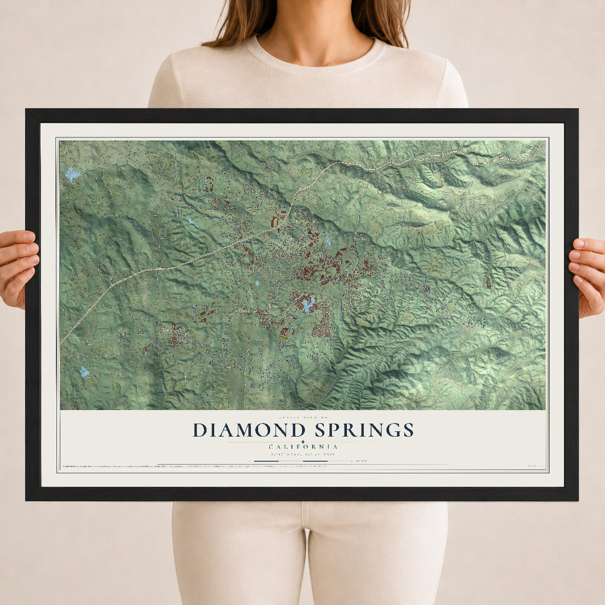 Map of Diamond Springs, California, 18 x 24 inch print in a black wood frame