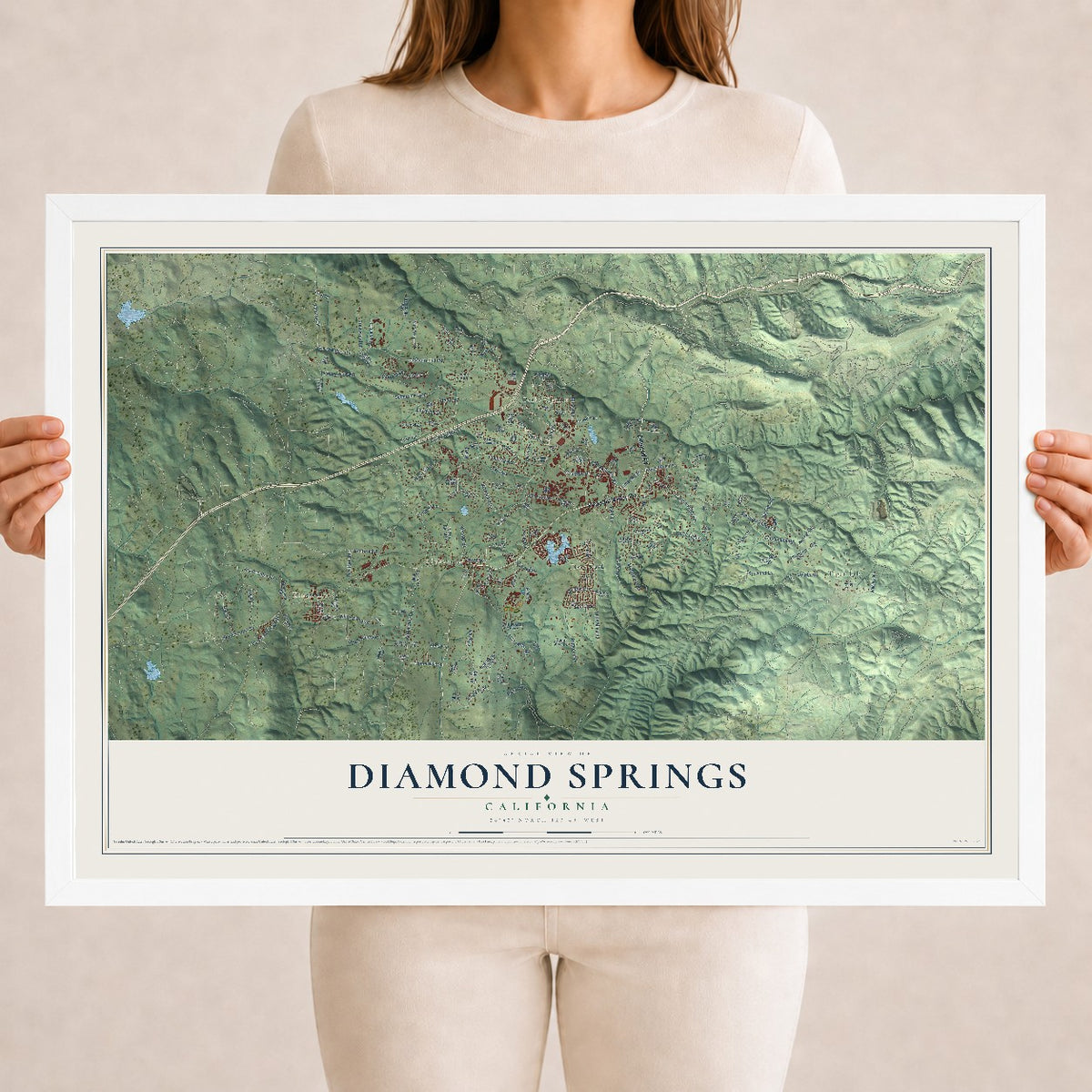 Map of Diamond Springs, California, 18 x 24 inch print in a white wood frame