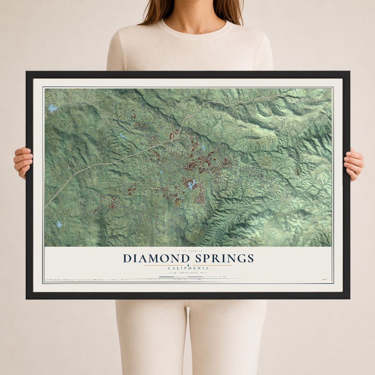 Map of Diamond Springs, California, 24 x 36 inch print in a black wood frame