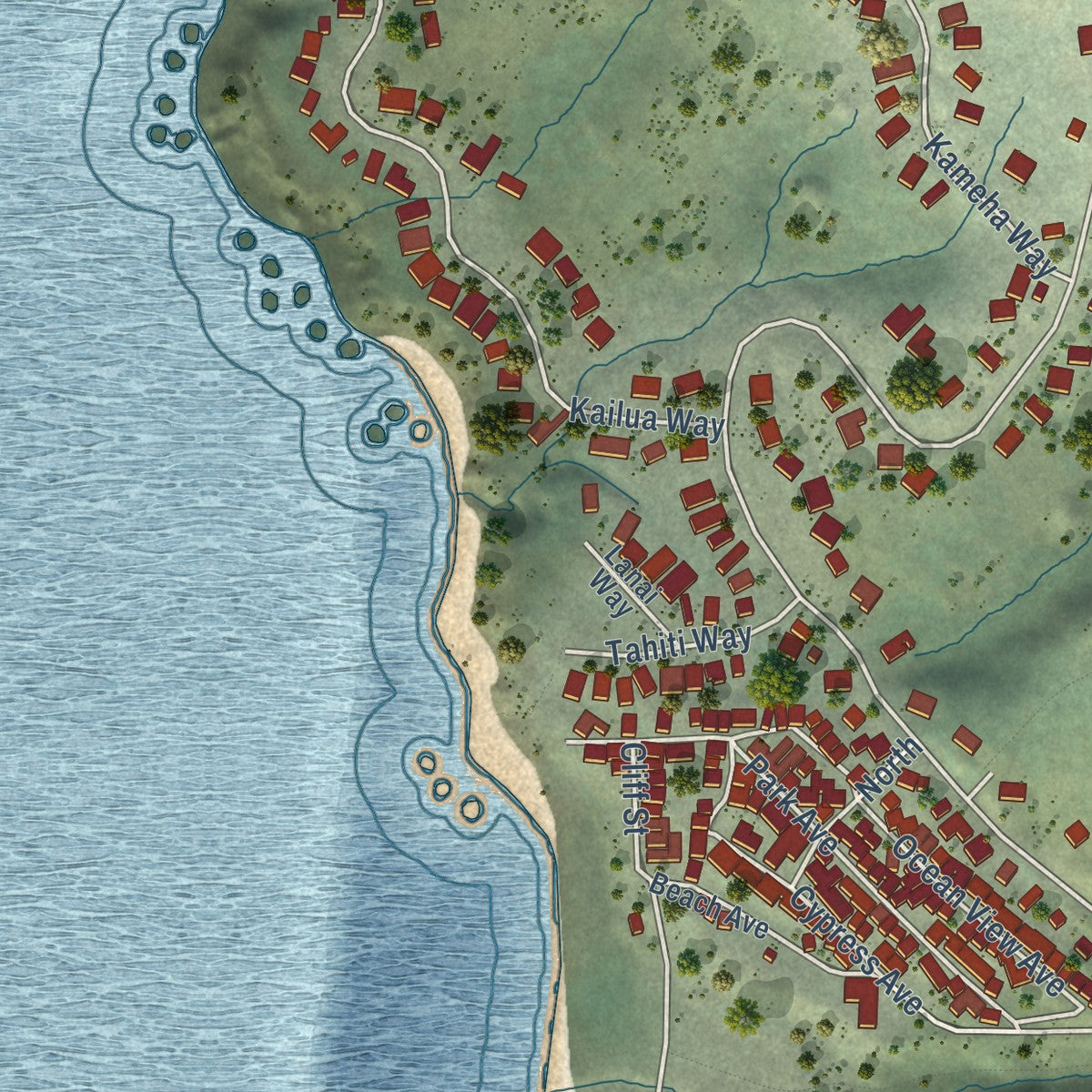 Close-up of the map of Dillon Beach, California print showing street and building detail