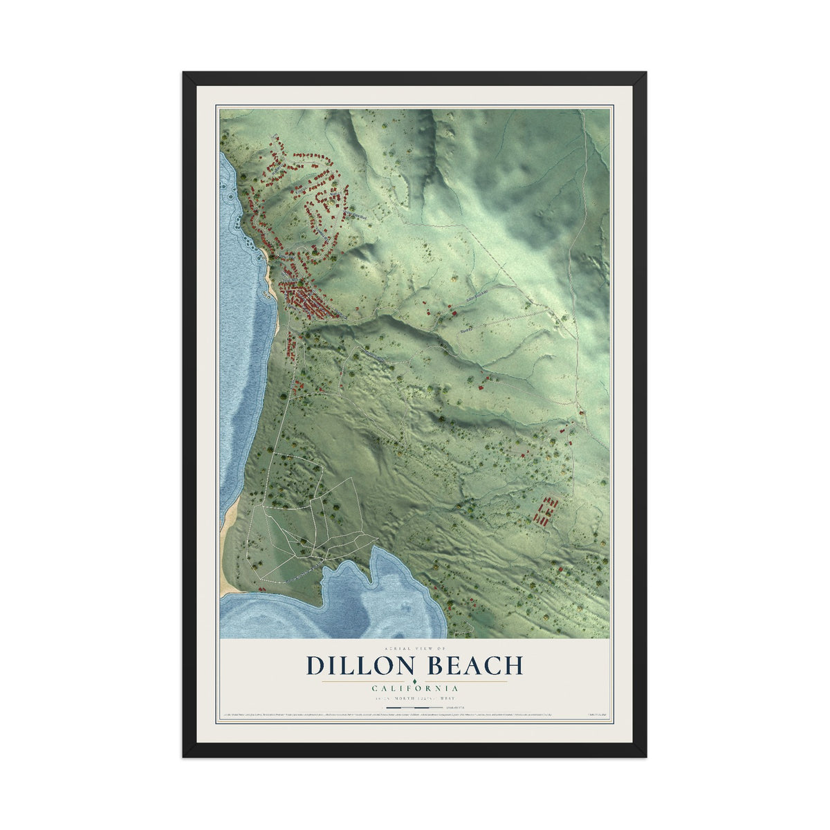 Map of Dillon Beach, California, 12 x 18 inch print in a black wood frame