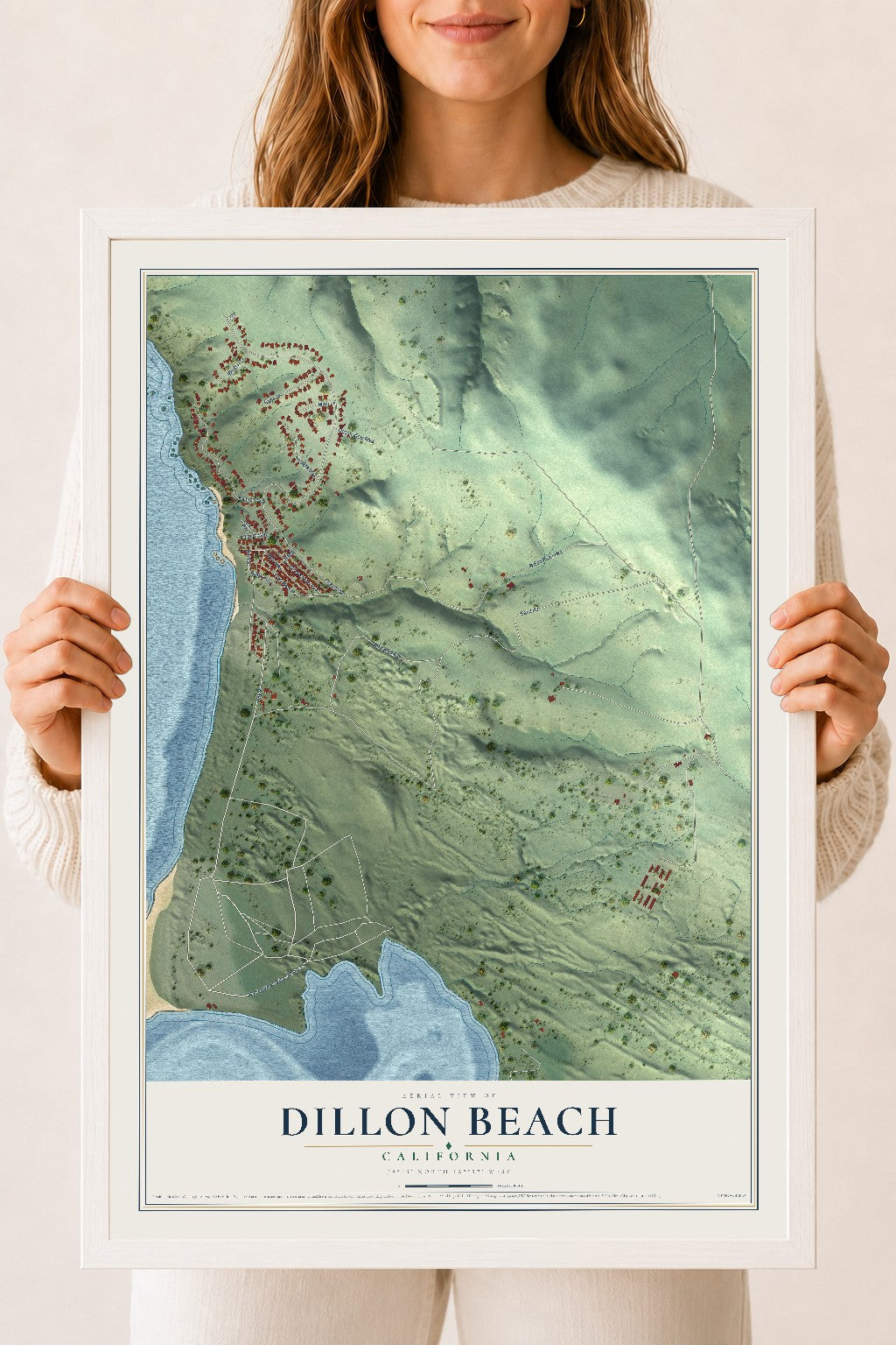 Map of Dillon Beach, California, 18 x 24 inch print in a white wood frame