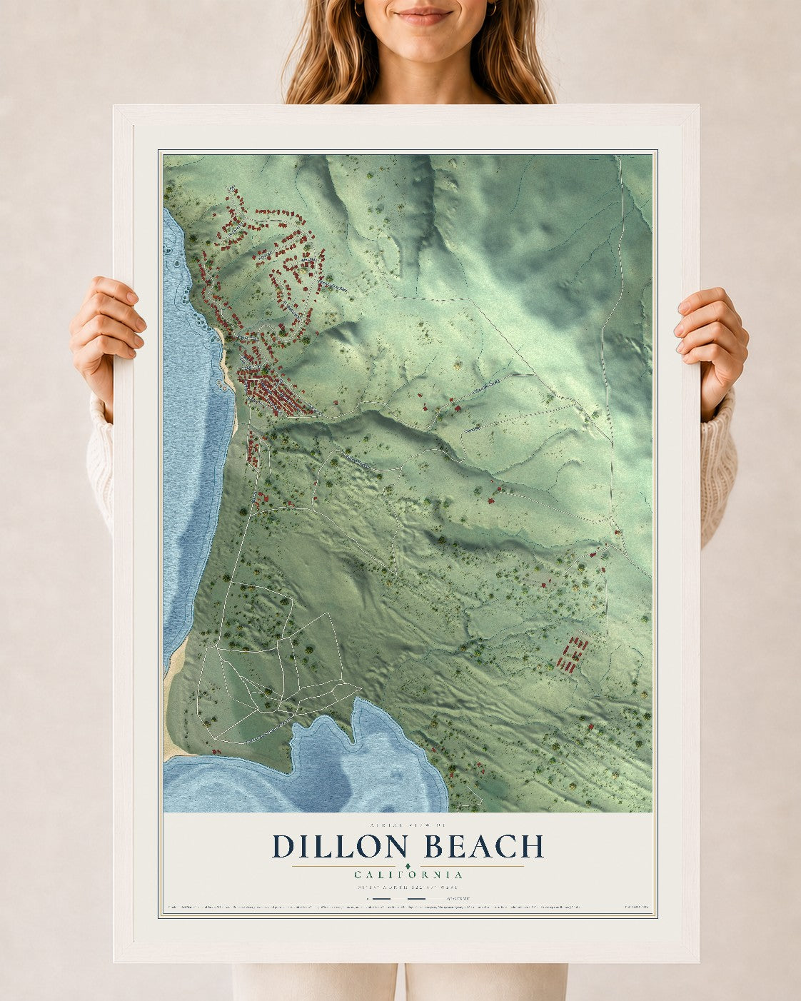 Map of Dillon Beach, California, 24 x 36 inch print in a white wood frame