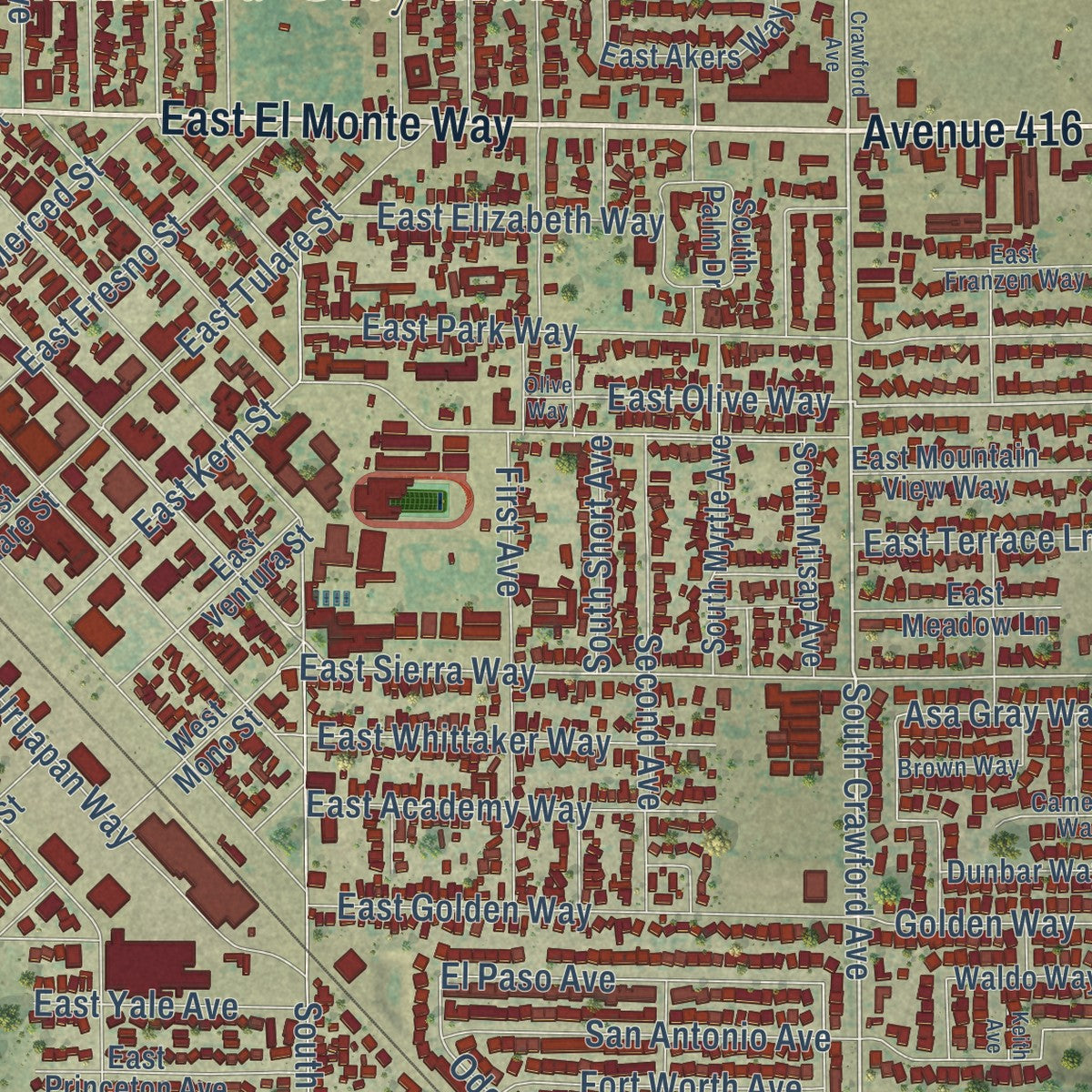 Close-up of the map of Dinuba, California print showing street and building detail
