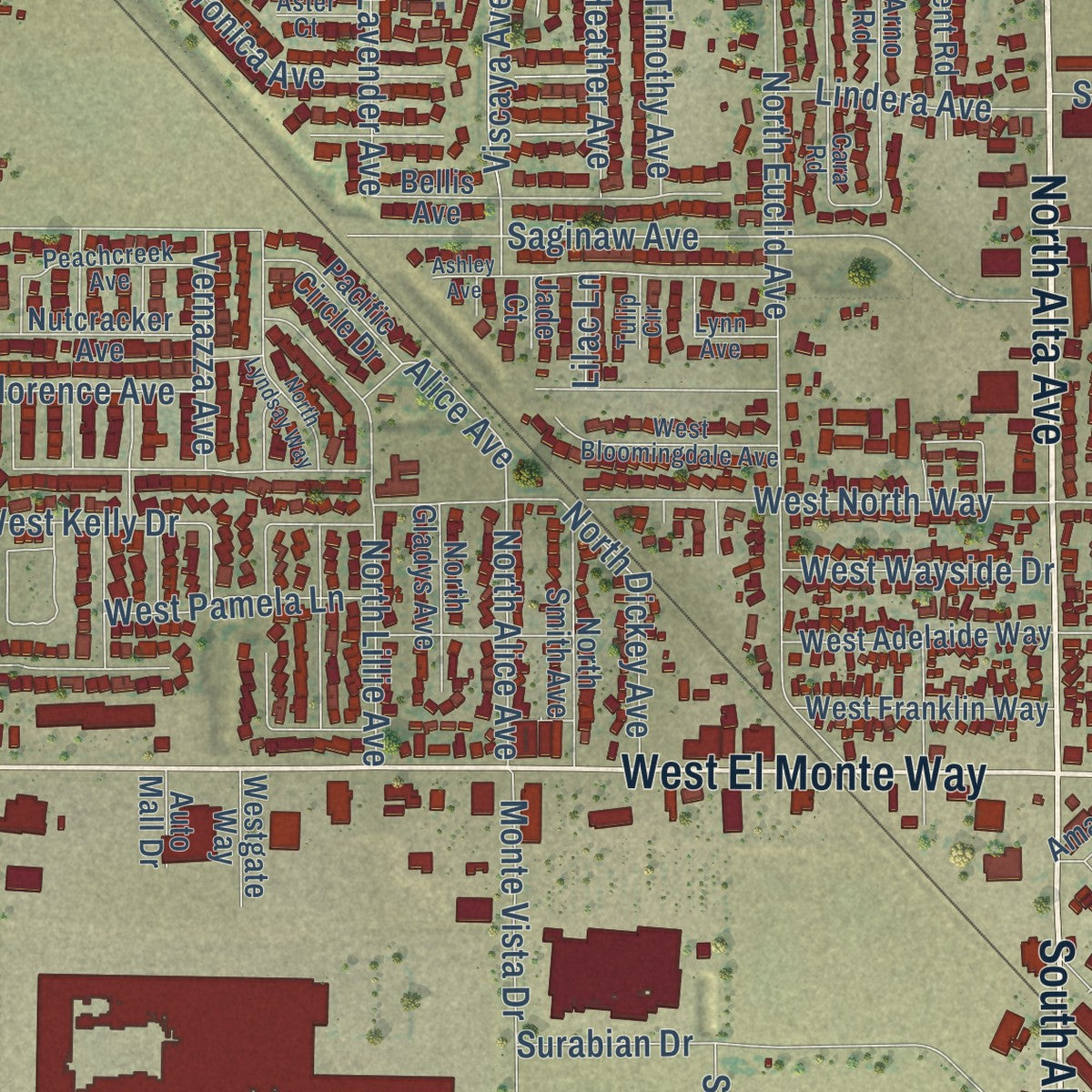Second close-up of the map of Dinuba, California print showing more streets and buildings