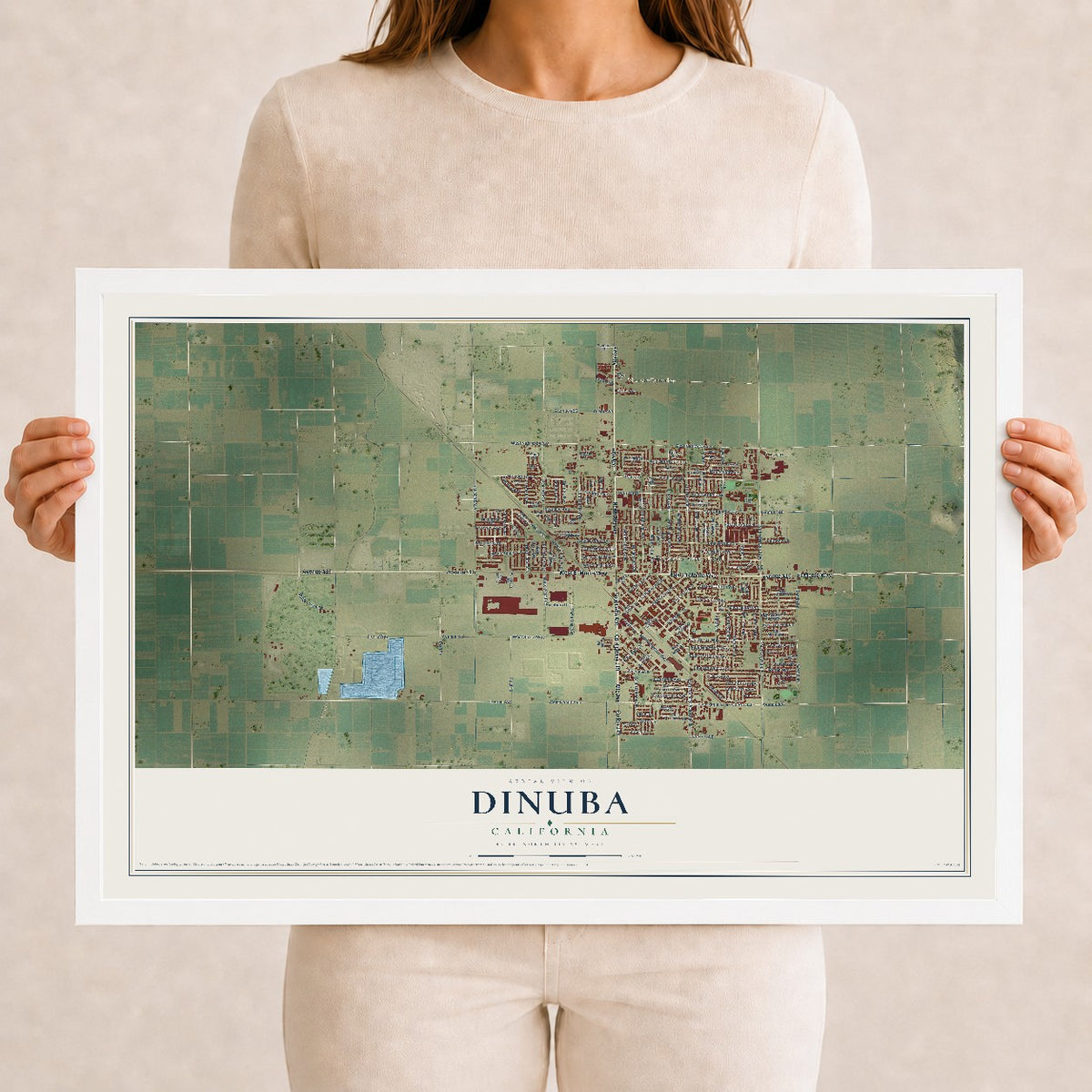 Map of Dinuba, California, 12 x 18 inch print in a white wood frame