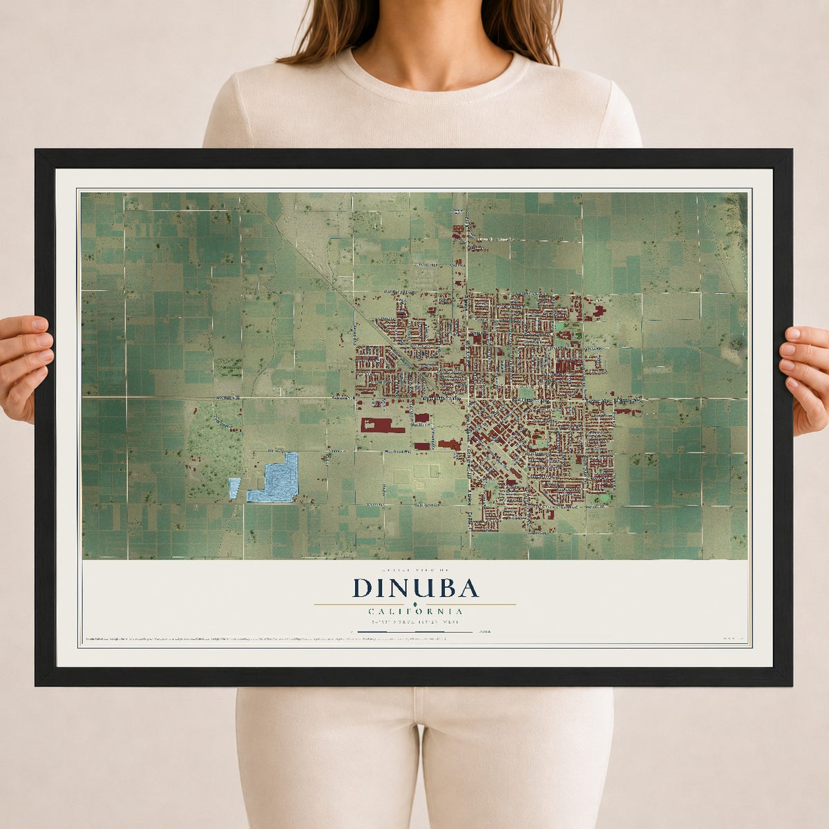 Map of Dinuba, California, 18 x 24 inch print in a black wood frame