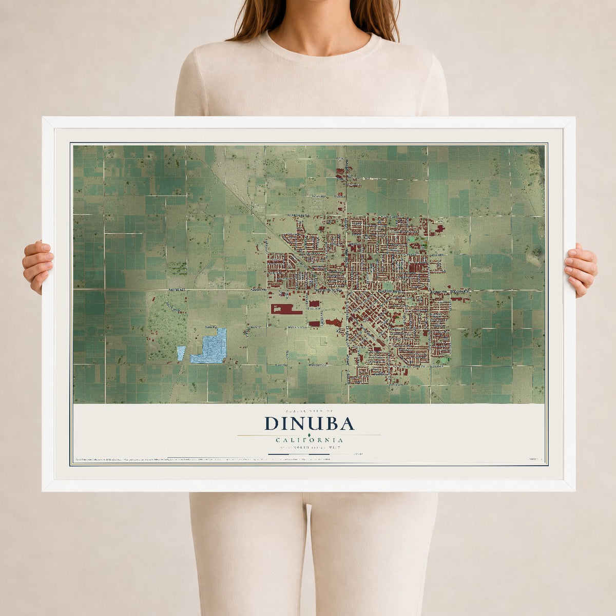 Map of Dinuba, California, 24 x 36 inch print in a white wood frame