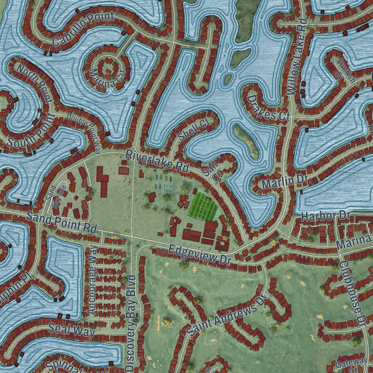 Close-up of the map of Discovery Bay, California print showing street and building detail