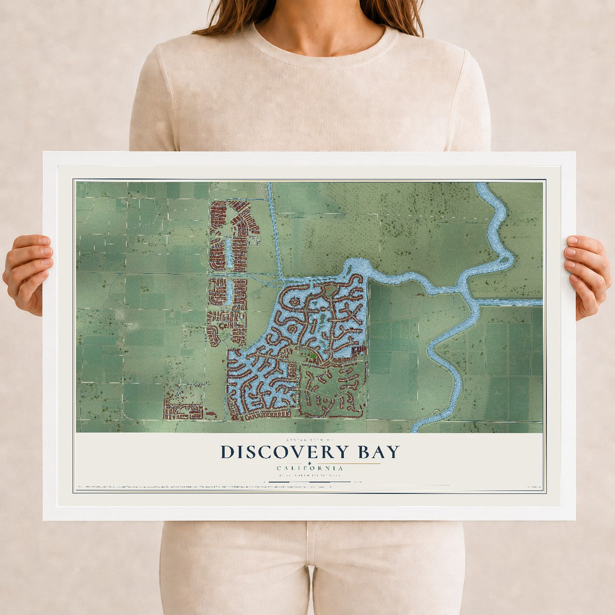 Map of Discovery Bay, California, 12 x 18 inch print in a white wood frame