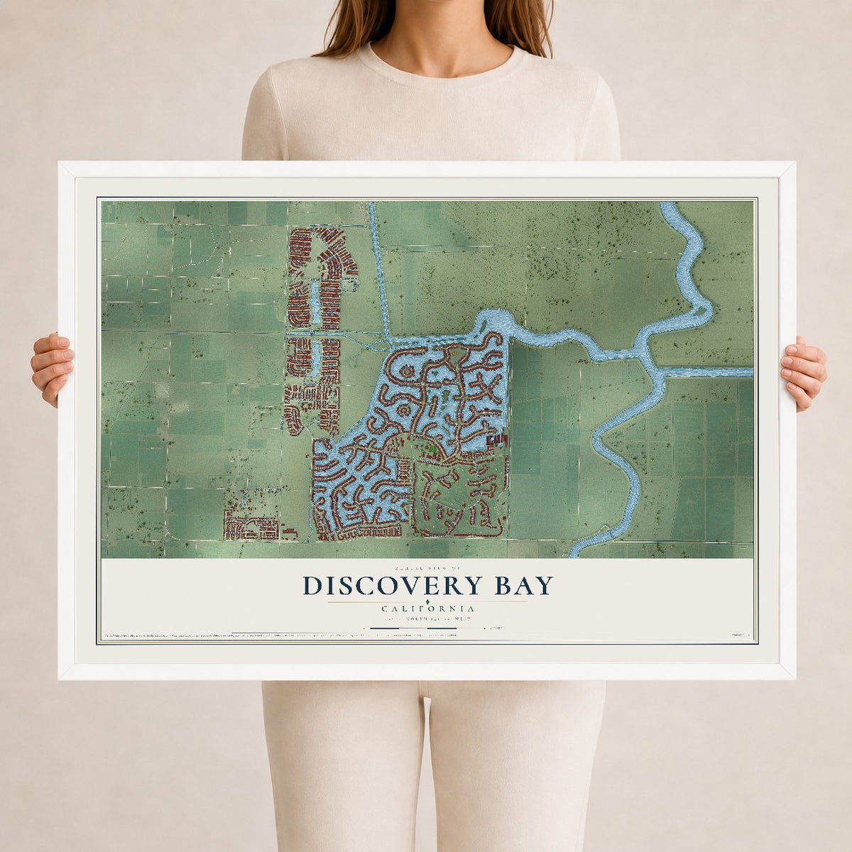 Map of Discovery Bay, California, 24 x 36 inch print in a white wood frame