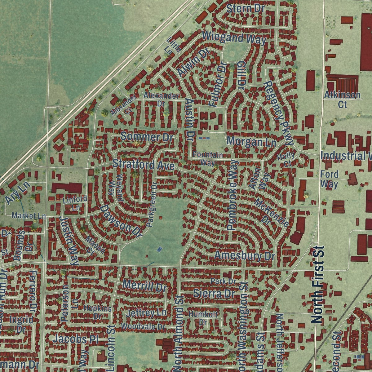 Close-up of the map of Dixon, California print showing street and building detail