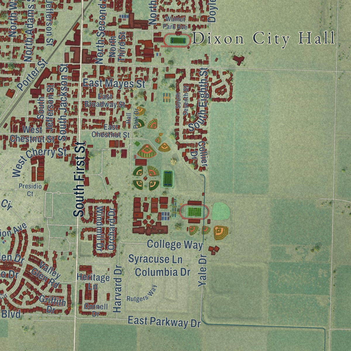 Second close-up of the map of Dixon, California print showing more streets and buildings