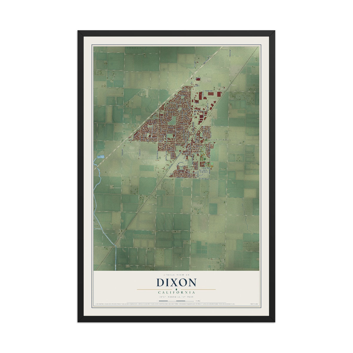 Map of Dixon, California, 12 x 18 inch print in a black wood frame