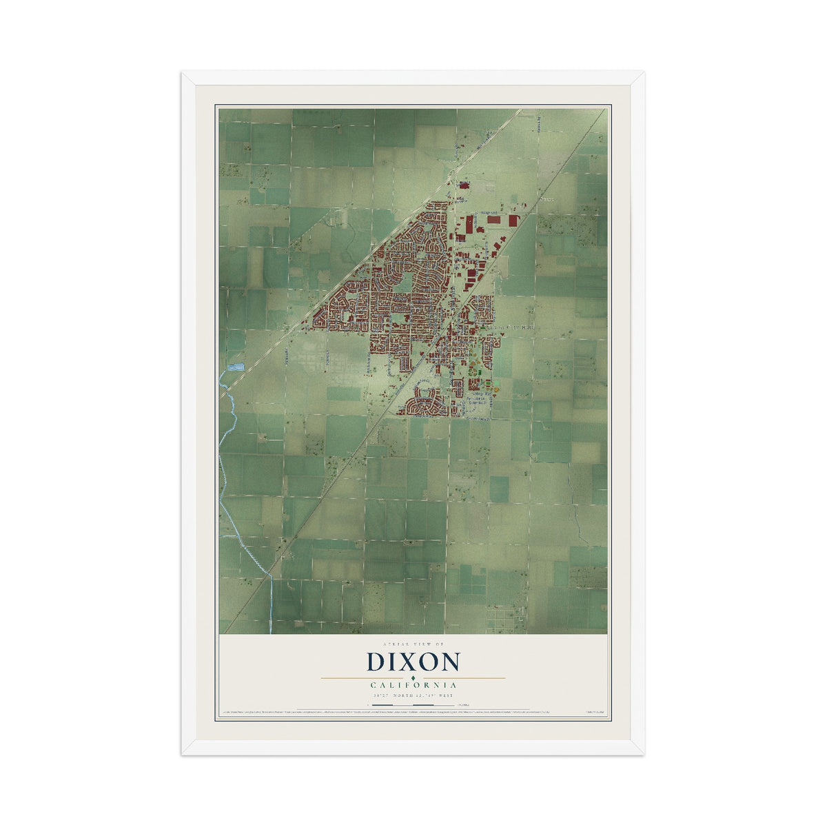 Map of Dixon, California, 12 x 18 inch print in a white wood frame