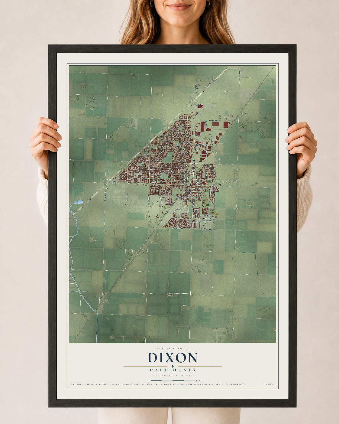 Map of Dixon, California, 24 x 36 inch print in a black wood frame