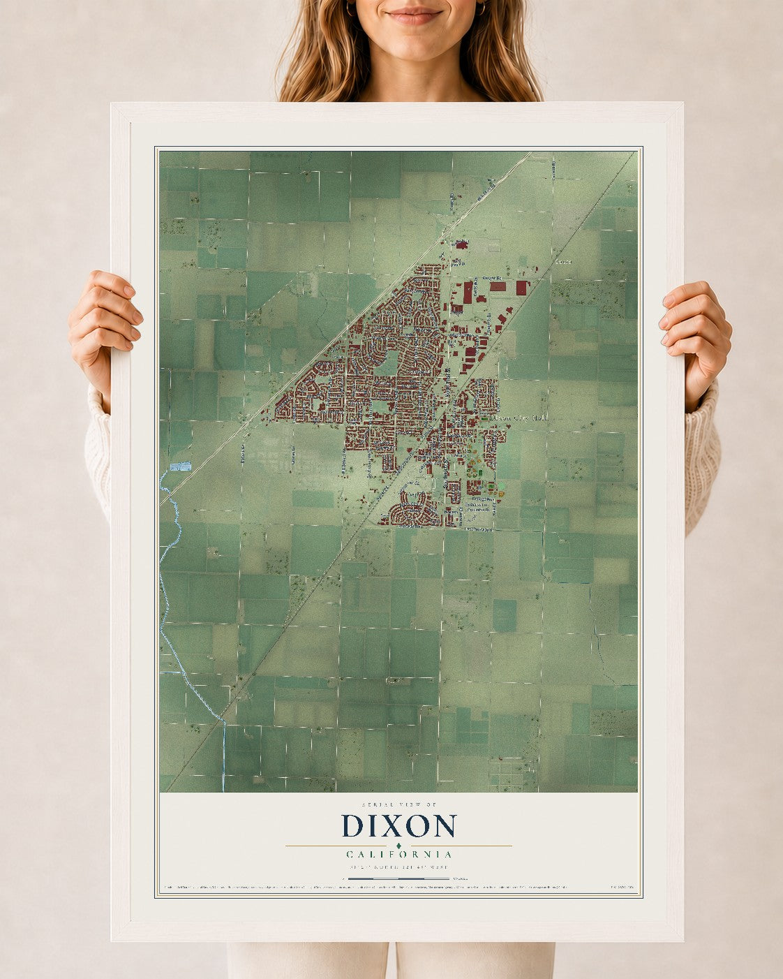 Map of Dixon, California, 24 x 36 inch print in a white wood frame