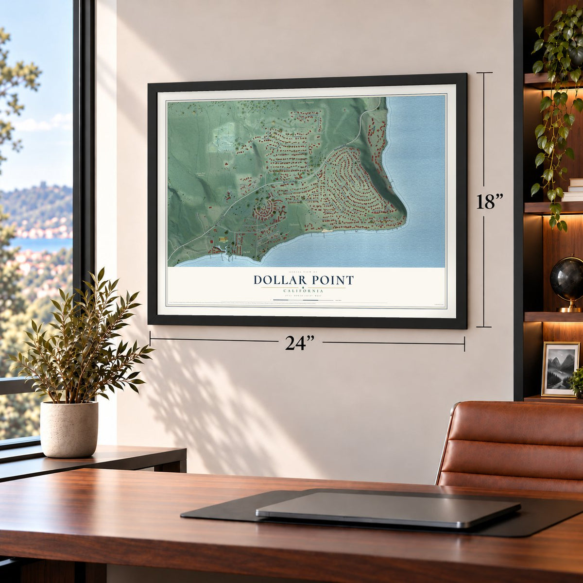 Dollar Point, California map, 18 x 24 inch print in a black frame in a home office