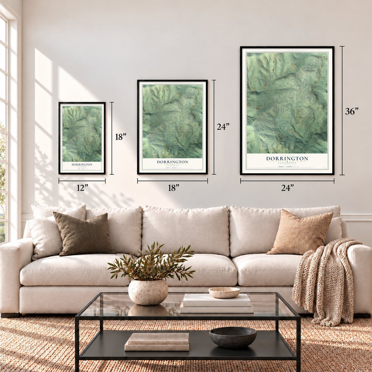 Dorrington, California map in 12 x 18, 18 x 24 and 24 x 36 inch sizes above a sofa
