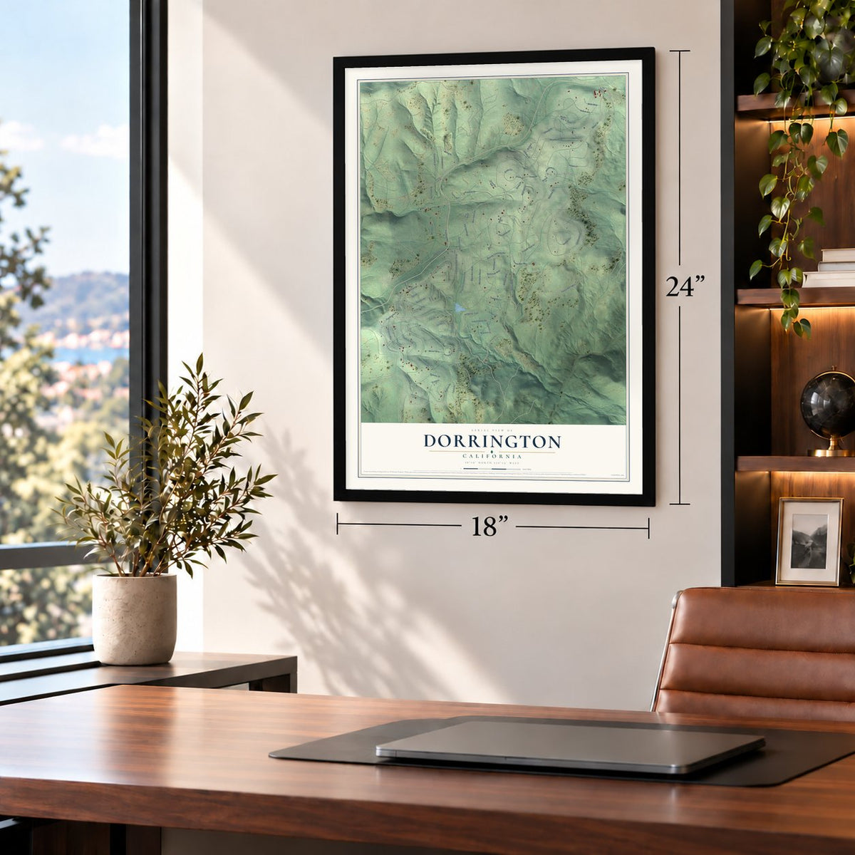 Dorrington, California map, 18 x 24 inch print in a black frame in a home office